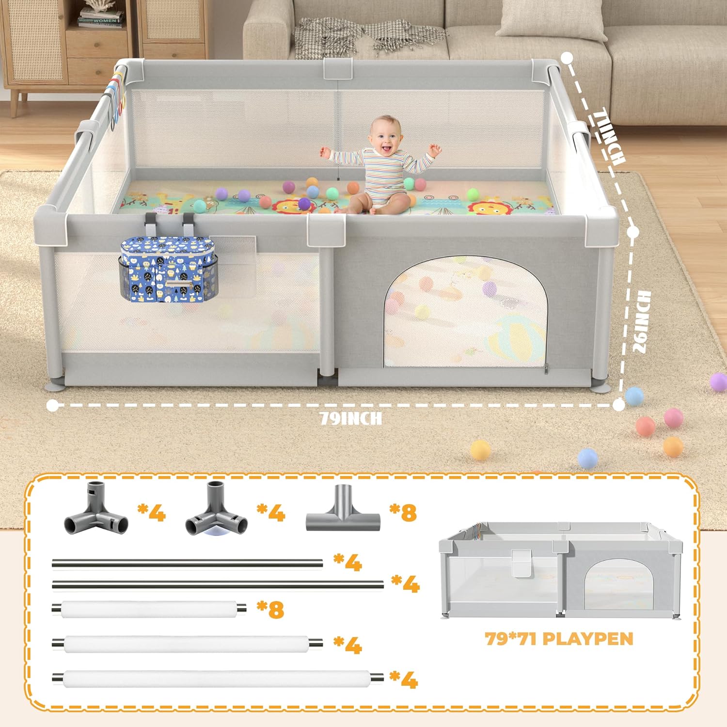 LUTIKIANG 79" x 71" Baby Playpen with Upgrade Mat, Portable Play Yard for Babies and Toddlers, Extra Large Baby Gate Playpen, Play Pin, Fence Area, Includes Ocean Balls, Pulling Rings