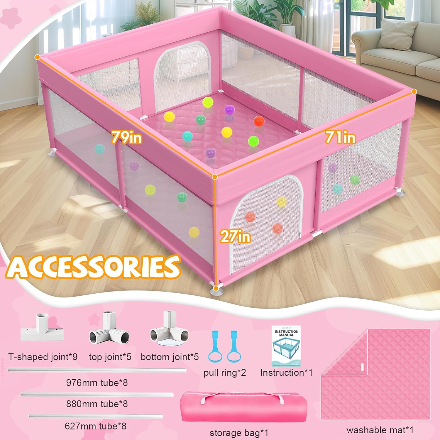 79x71 in Baby Playpen with Mat: Large Play Pen for Babies and Toddlers - Baby Gate Playpen with Soft Breathable Mesh - All-Wrapped Sponge Sturdy Safety Play Yard with 2 Handles & Bag, Pink