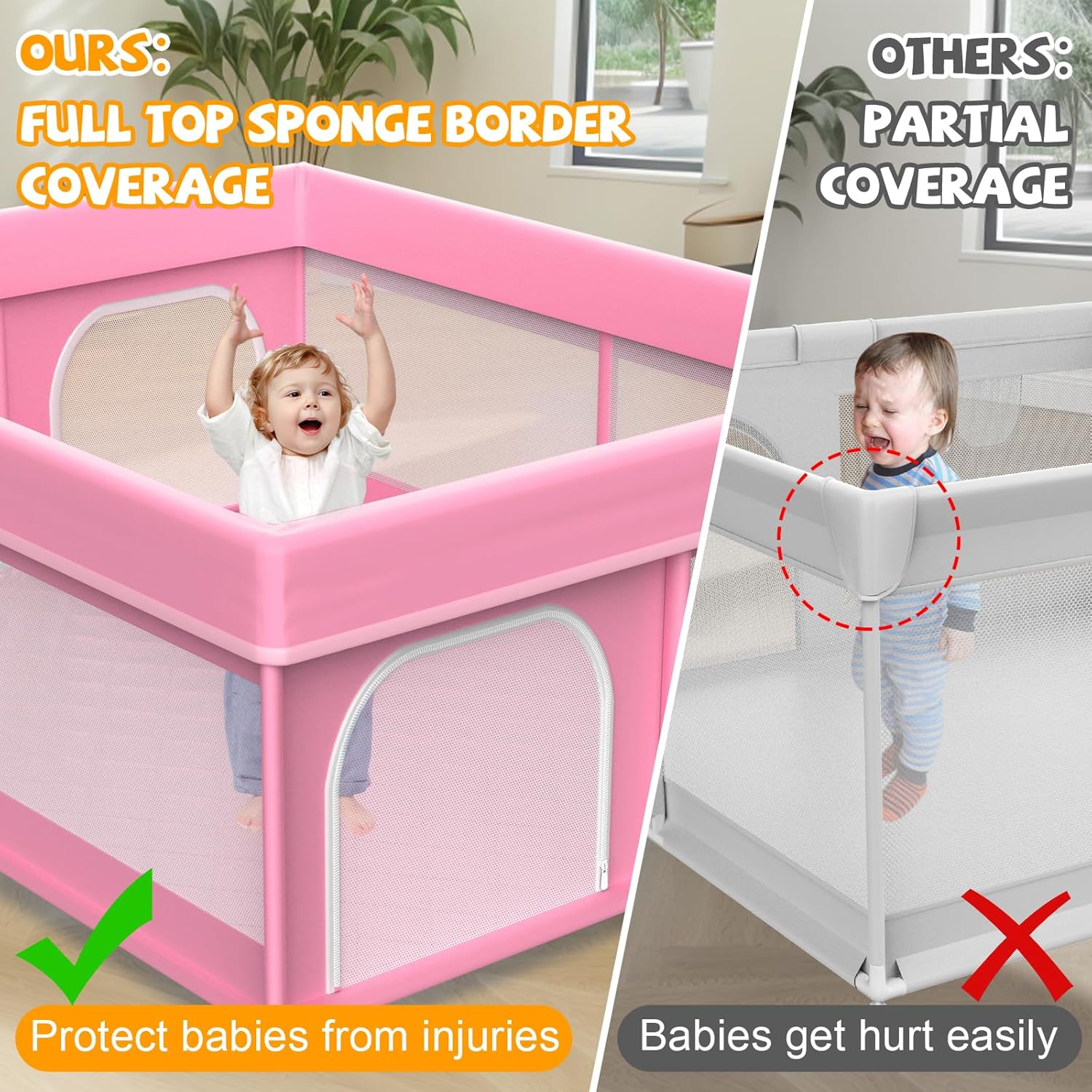 Alternative view of 79x71 in Baby Playpen with Mat: Large Play Pen for Babies and Toddlers - Baby Gate Playpen with Soft Breathable Mesh - All-Wrapped Sponge Sturdy Safety Play Yard with 2 Handles & Bag, Pink
