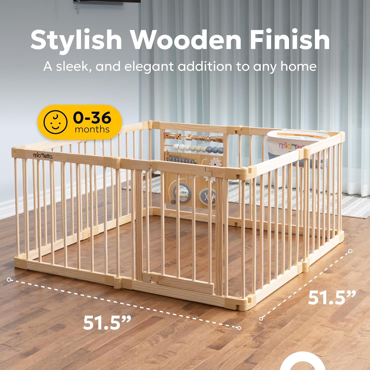 MioTetto Wooden Playpen u2013 Wooden Baby Playpen with Montessori Toys for Stimulation and Sensory Development u2013 Wood Baby Gate for Playing, Crawling, Large Play Yard for Kids