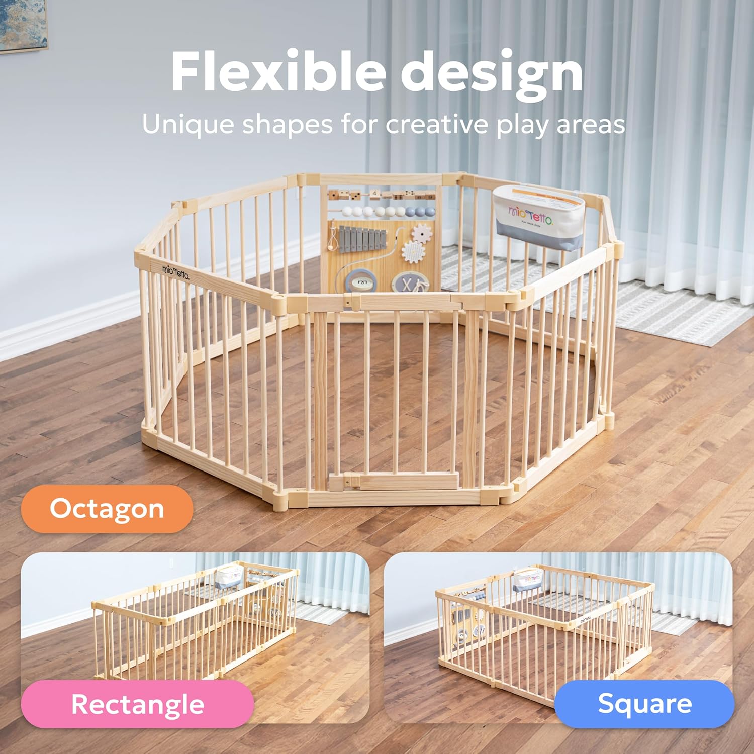 Alternative view of MioTetto Wooden Playpen u2013 Wooden Baby Playpen with Montessori Toys for Stimulation and Sensory Development u2013 Wood Baby Gate for Playing, Crawling, Large Play Yard for Kids
