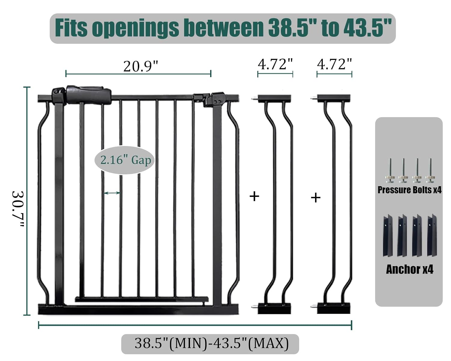 38.5-43.5 Inch Extra Wide Baby & Dog Gate, Pressure Mounted Walk Through, Heavy-Duty Safety Gate for Doorways & Stairs, Black Metal with Extension Kit