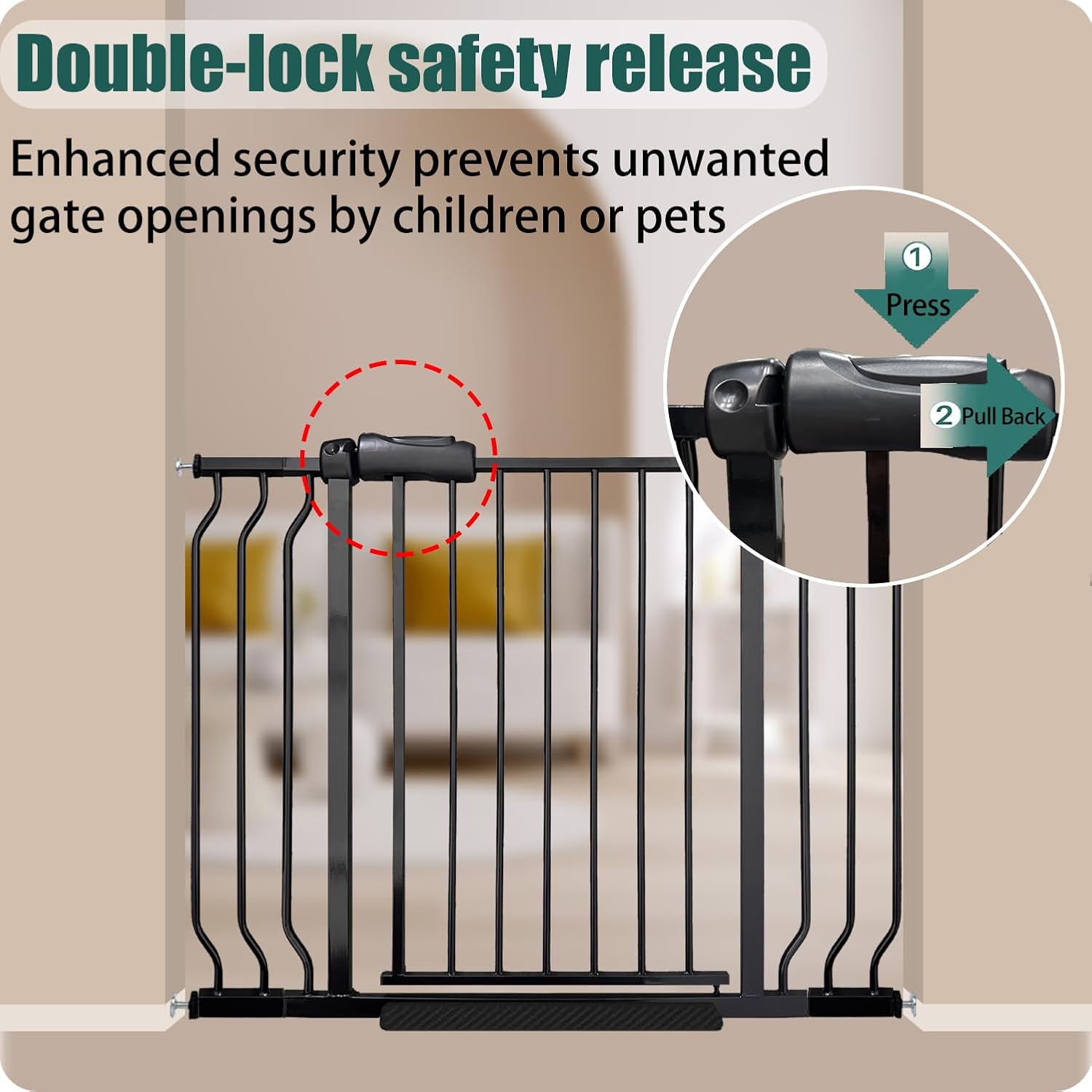 Alternative view of 38.5-43.5 Inch Extra Wide Baby & Dog Gate, Pressure Mounted Walk Through, Heavy-Duty Safety Gate for Doorways & Stairs, Black Metal with Extension Kit
