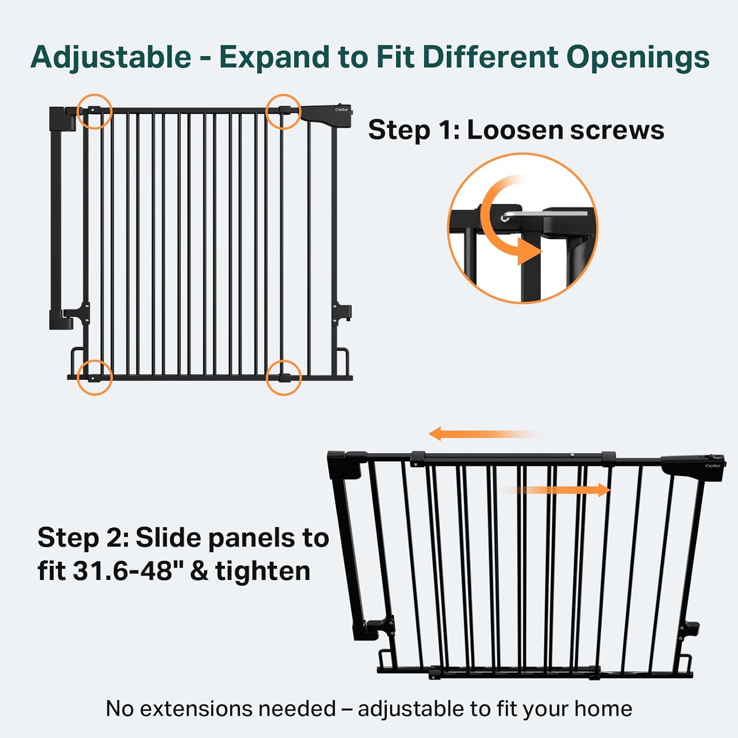 Alternative view of Cumbor Expandable 31.6-48" Baby Gate for Stairs, Wall-Mounted, 2-in-1 No Bottom Bar Dog Gate Indoor, Pet Gate for Doorways with Large Walk Thru Door, Child-Proof Safety Gate for Kids (Black)