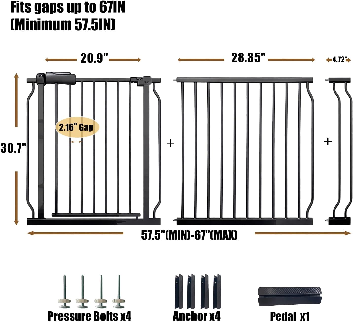 Vothco Extra Wide 62-67 Inch Baby Gates for Stairs, Doorways - No Drilling, Pressure Mounted Pet Gates for Kids & Dogs