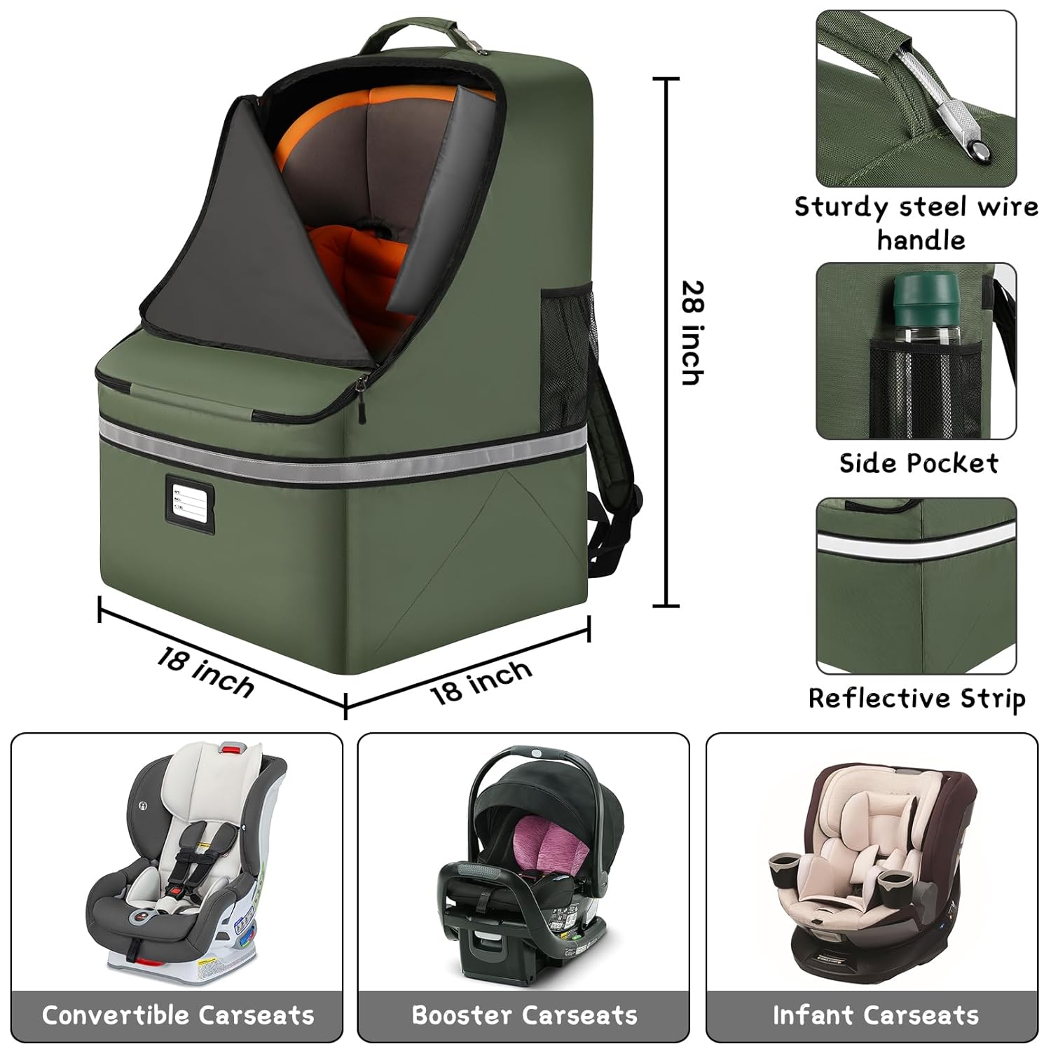 Car Seat Travel Bag,Padded Car Seats Backpack with Steel Cable Handle and Reflective Stripes, Large Durable Carseat Carrier Bag,Airport Gate Check Bag,Infant Seat Travel Bag with Shoulder Strap,Green