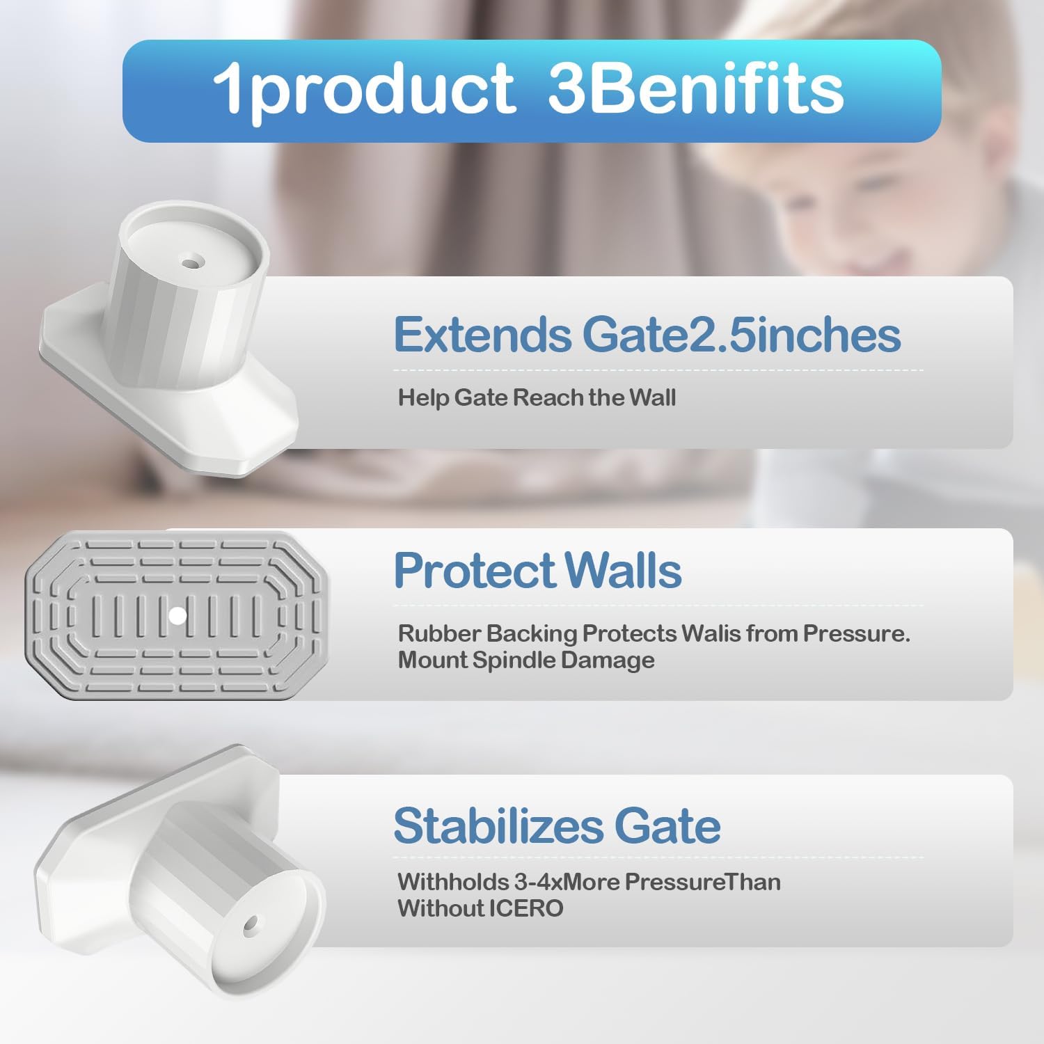 Alternative view of ICERO Baby Gate Extender Wall Protector (4 Pack) Pressure Mounted Gates Extension Kit Extends 1.1-3.5 inches Child Safety Gates and Protect Walls & Doorways from Pet & Dog Gates,Work on Stairs,White