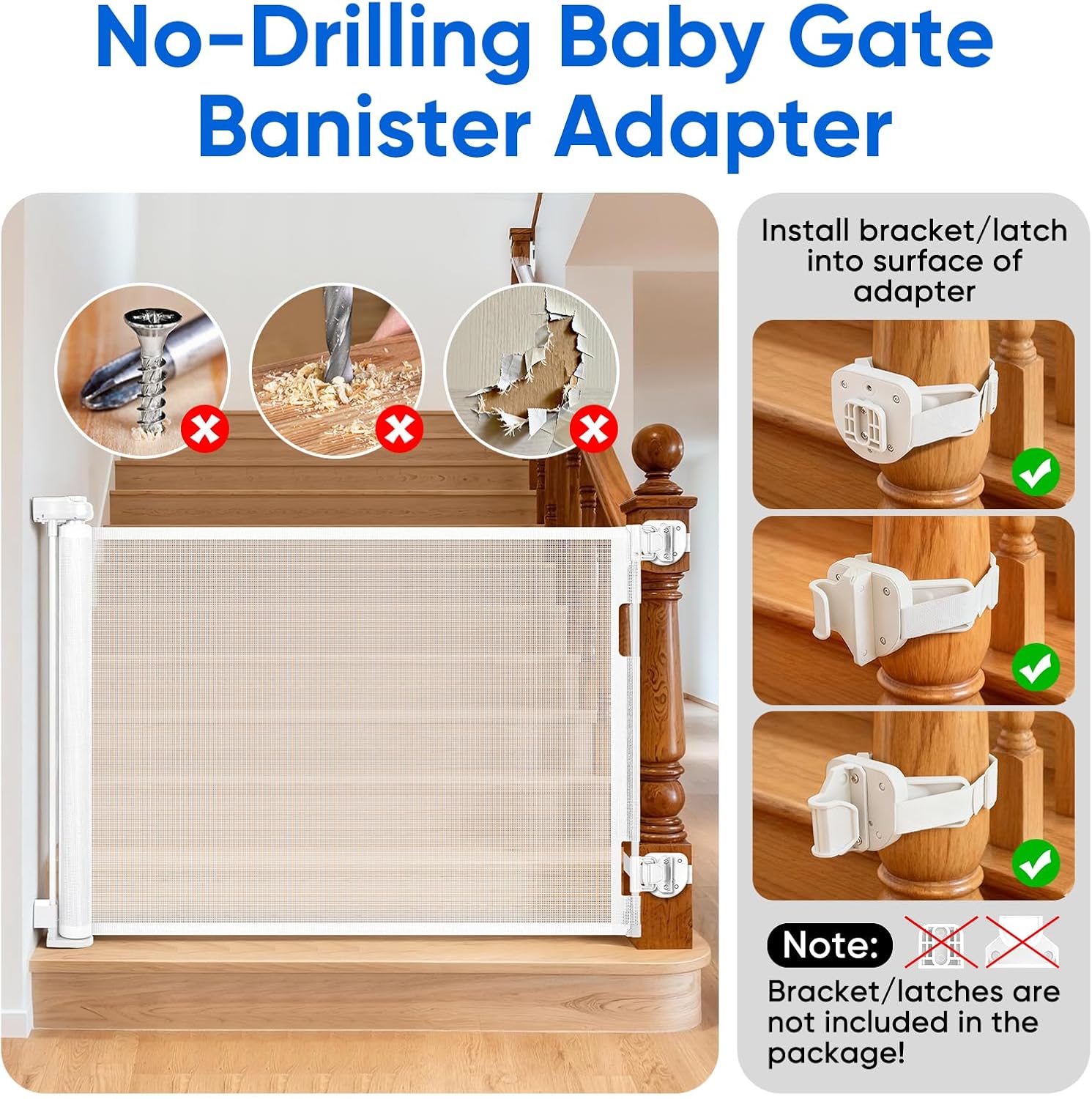 2Pcs Baby Gate Stair Railing Banister Adapter, Fits 1.9-4.72'' Diameter Universal Banisters, Wide Square/Round Railings No-Drilling Mounting Fittings for Retractable Gates, (White)