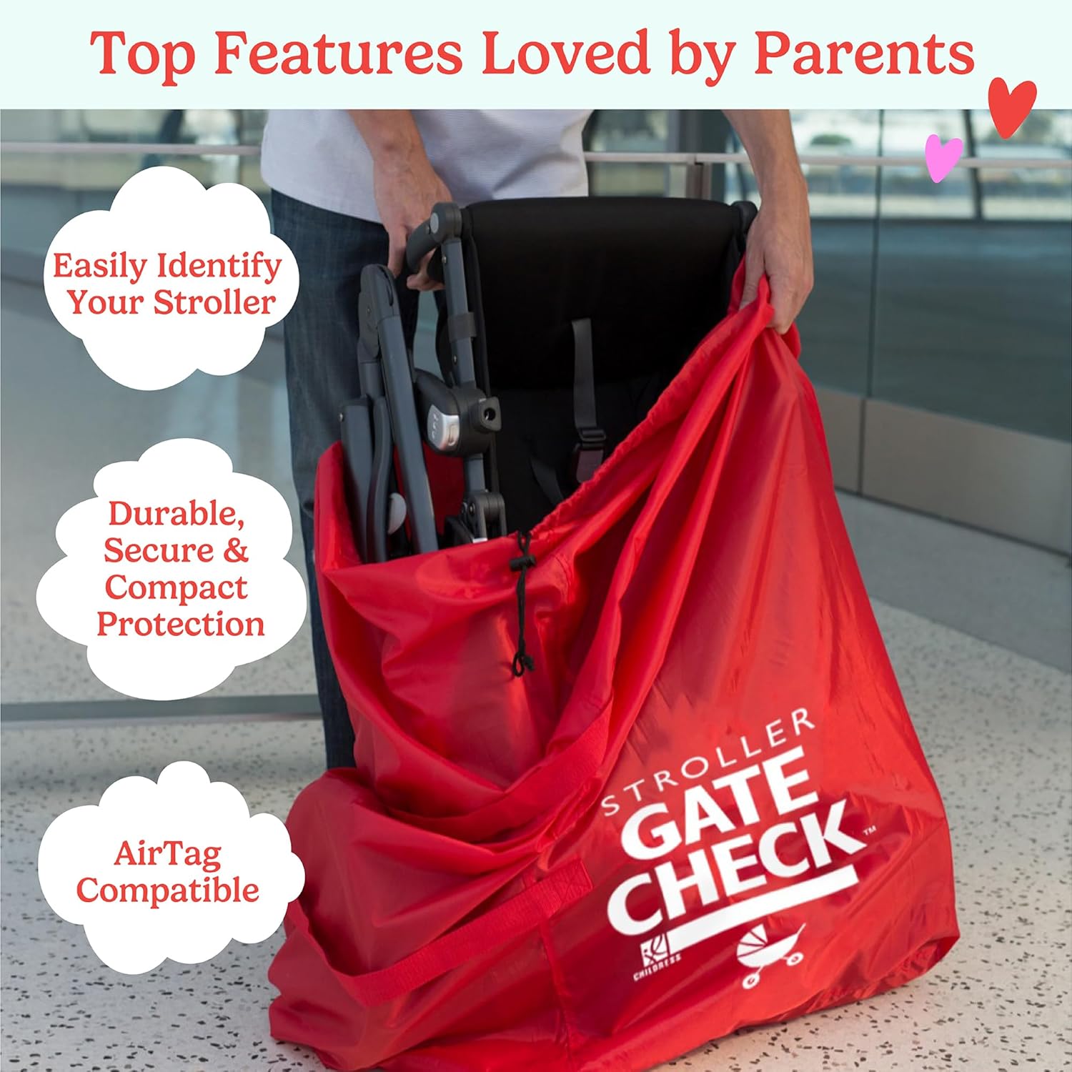 J.L. Childress Gate Check Bag for Single & Some Double Strollers - Travel Bag for Airplane, Fits Most Standard Baby Strollers, Airport Accessories for Gate Check, Flying Essentials - Red