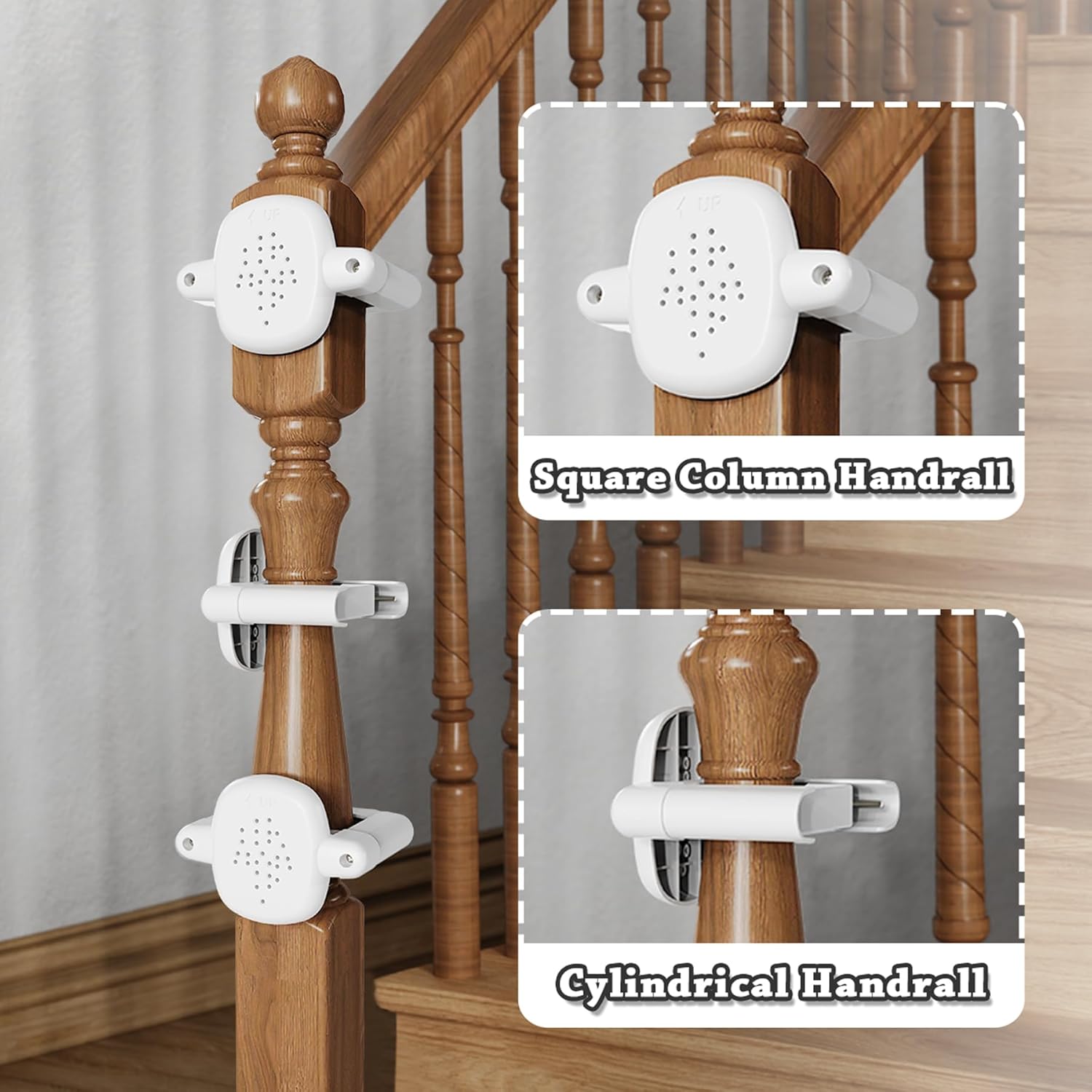 TXTLDB 2 Pcs Baby Gate Banister Adapter, No Drilling Stair Mounting Fittings Fits 1.57''- 3.94'' Wide Square/Round Railing, Works with Retractable/Mesh/Iron Gates, Stair Banister Protector (White) - Image 3