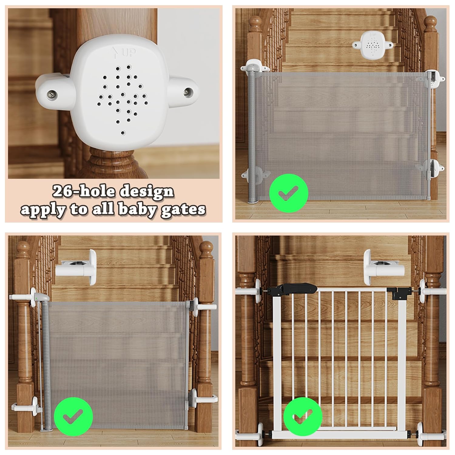 TXTLDB 2 Pcs Baby Gate Banister Adapter, No Drilling Stair Mounting Fittings Fits 1.57''- 3.94'' Wide Square/Round Railing, Works with Retractable/Mesh/Iron Gates, Stair Banister Protector (White) - Image 4