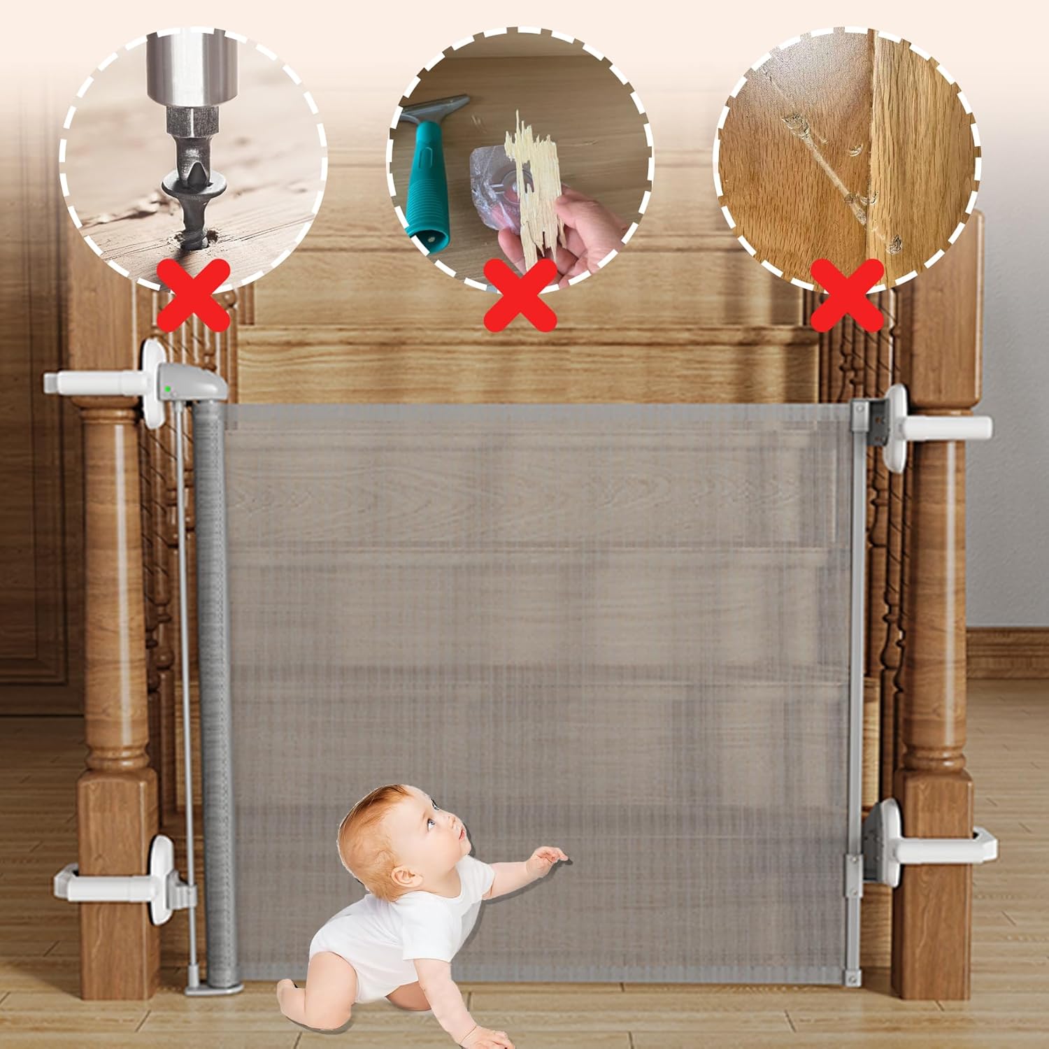 TXTLDB 2 Pcs Baby Gate Banister Adapter, No Drilling Stair Mounting Fittings Fits 1.57''- 3.94'' Wide Square/Round Railing, Works with Retractable/Mesh/Iron Gates, Stair Banister Protector (White) - Image 5