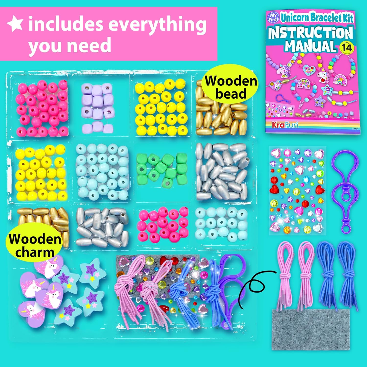 KRAFUN Unicorn DIY Bracelet Making Kit for Girls - Arts and Crafts Jewelry Set with Charms, Wooden Beads & Friendship Threads - Creative String Braiding & Beading Activity for Kids Ages 5-12