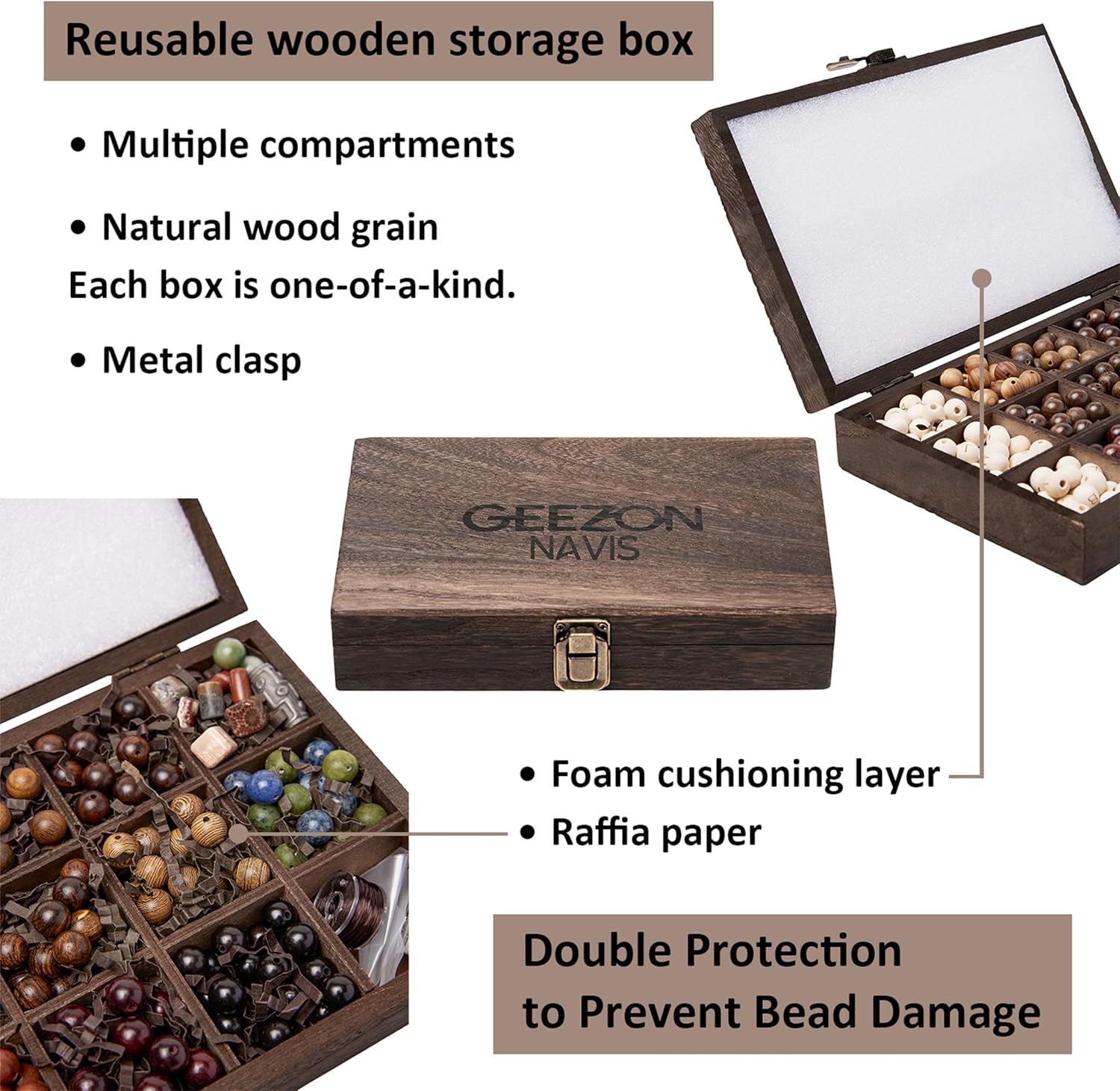 Geezon Navis Bracelet Making Kit - 10mm Natural Wooden Beads with Letters & Stone Beads - 296pcs in 16 Colors - DIY Jewelry Making Starter Kit Adult Men Women Birthday Gift Craft - Image 3