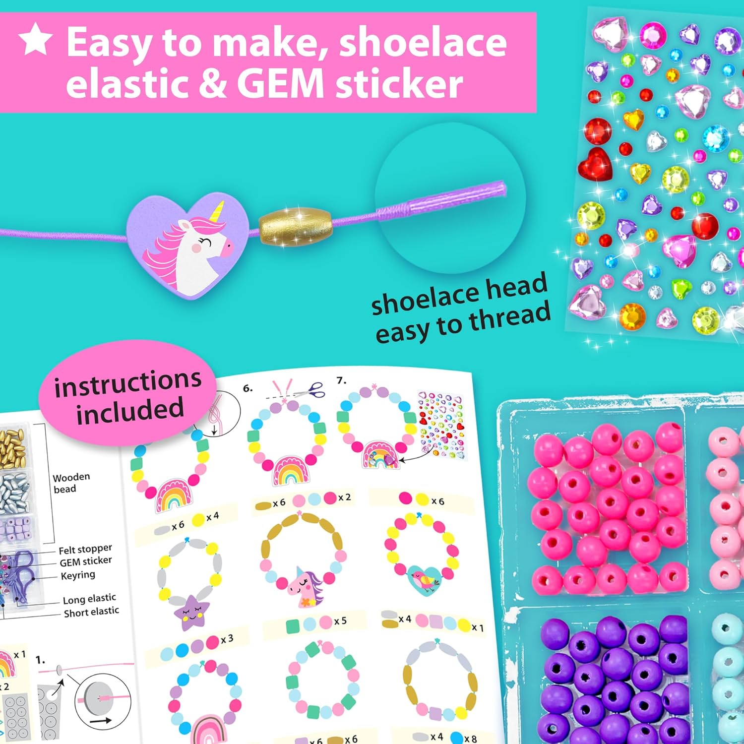 KRAFUN Unicorn DIY Bracelet Making Kit for Girls - Arts and Crafts Jewelry Set with Charms, Wooden Beads & Friendship Threads - Creative String Braiding & Beading Activity for Kids Ages 5-12 - Image 3