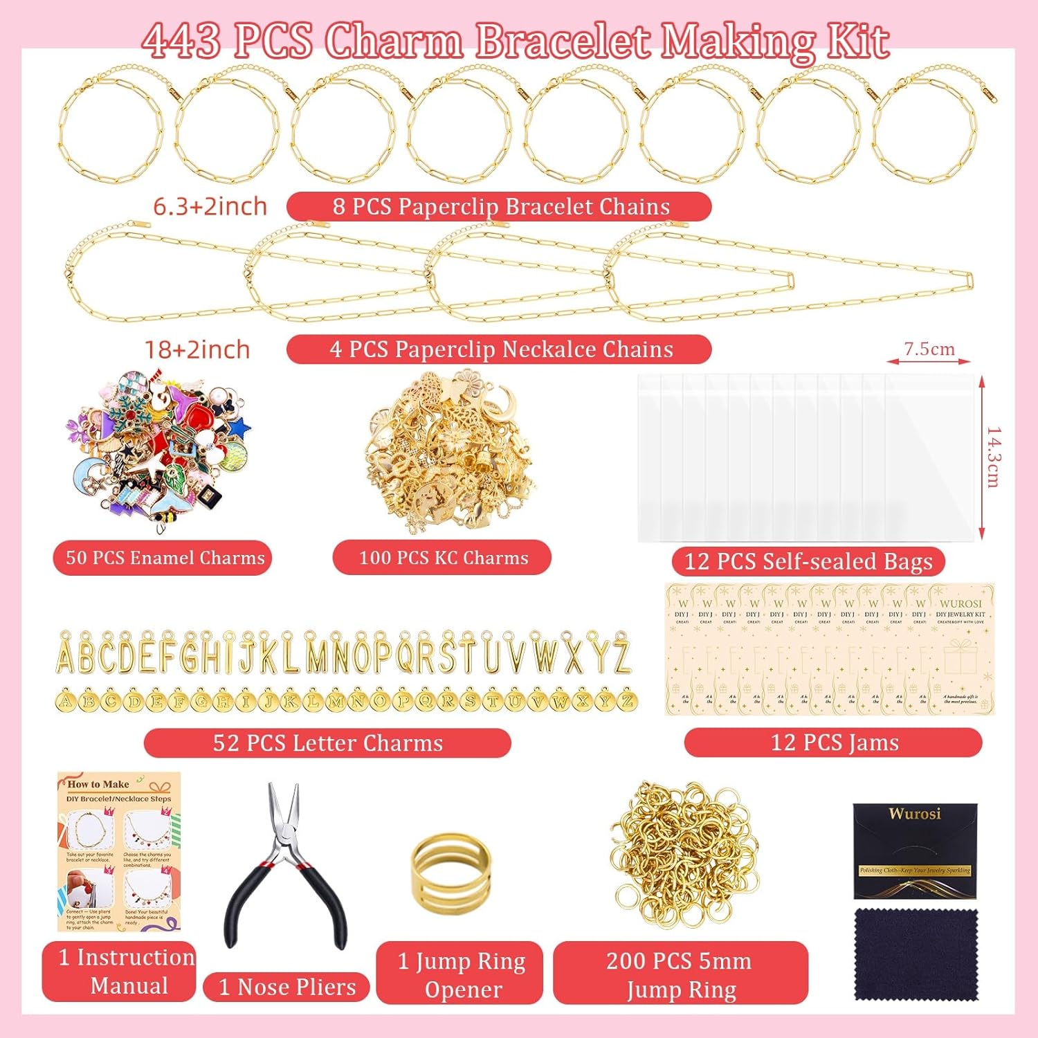 Wurosi 443 Pcs Gold Charm Bracelet Necklace Making Kit for Women, Including 8 Paperclip Chain Bracelets, 4 Paper Clip Chain Necklaces, Accessories for Jewelry Making, Crafts Beginner Supplies Gift