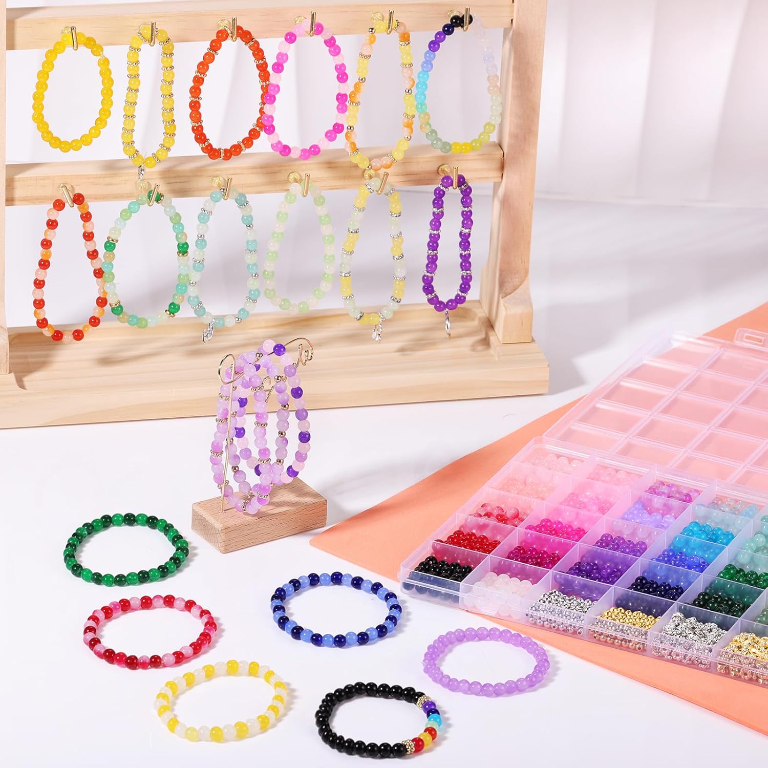 Alternative view of 1368pcs 6mm Glass Beads for Bracelets, 34 Colors Crystal Beads for Jewelry Making, Funtopia Round Glass Beads for DIY Earrings Necklace Crafts with Spacer Beads and Charms, Solid and Gradient Colors