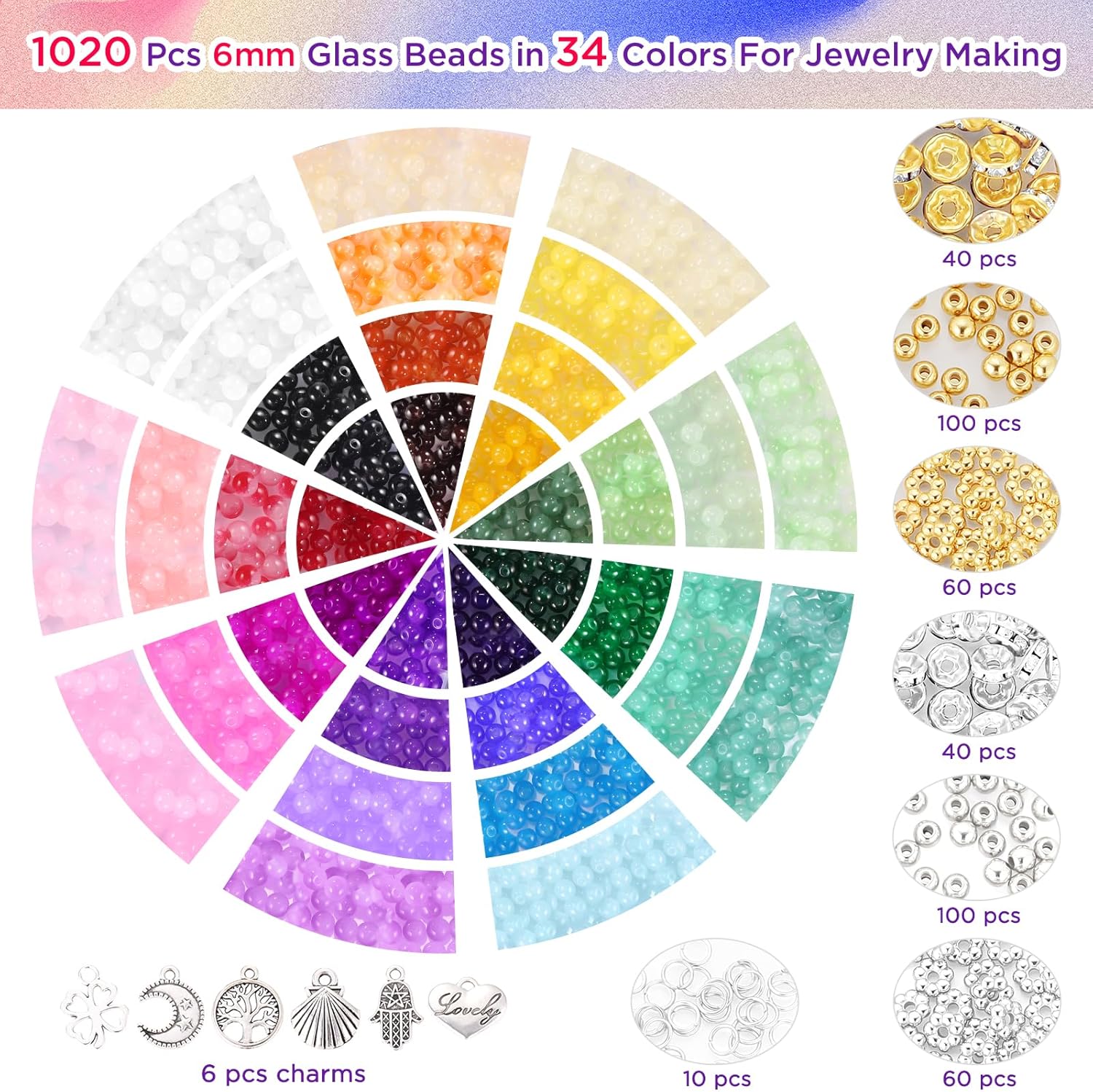 1368pcs 6mm Glass Beads for Bracelets, 34 Colors Crystal Beads for Jewelry Making, Funtopia Round Glass Beads for DIY Earrings Necklace Crafts with Spacer Beads and Charms, Solid and Gradient Colors - Image 3