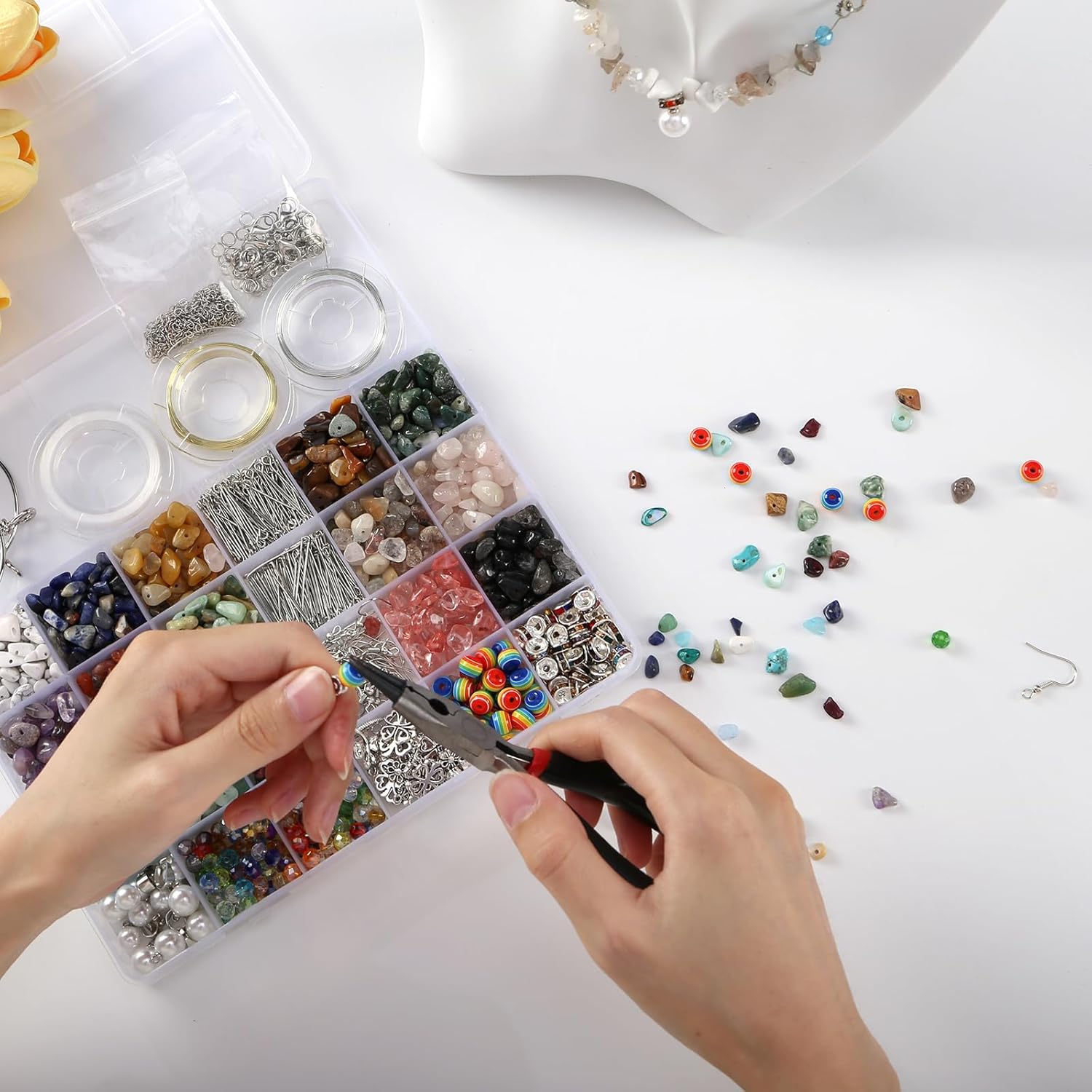 RUOMOXI Y Jewelry Making Supplies Kit for Adults - 1200 Crystal Beads, Jewelry Pliers, Earring Hooks, Necklace Clasp, Beading Wire - DIY Bracelets/Earrings/Rings for Thanksgiving, Christmas,Birthdays - Image 3