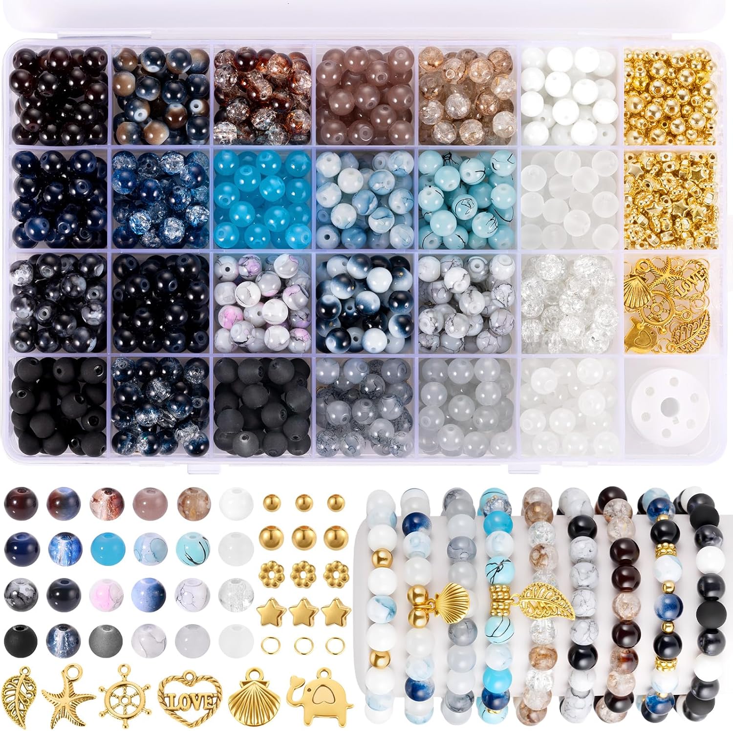 1368pcs 6mm Glass Beads for Bracelets, 34 Colors Crystal Beads for Jewelry Making, Funtopia Round Glass Beads for DIY Earrings Necklace Crafts with Spacer Beads and Charms, Solid and Gradient Colors - Image 6