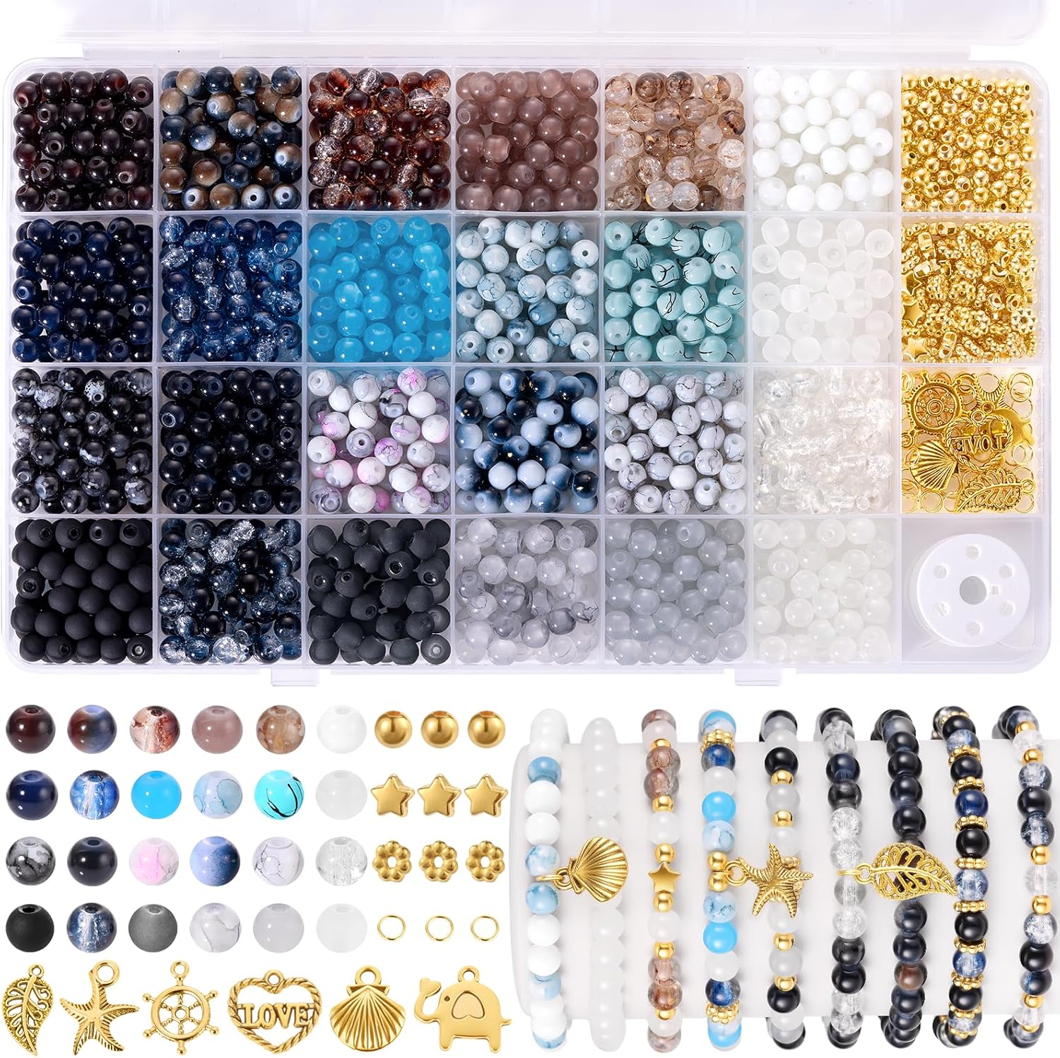 1368pcs 6mm Glass Beads for Bracelets, 34 Colors Crystal Beads for Jewelry Making, Funtopia Round Glass Beads for DIY Earrings Necklace Crafts with Spacer Beads and Charms, Solid and Gradient Colors - Image 7