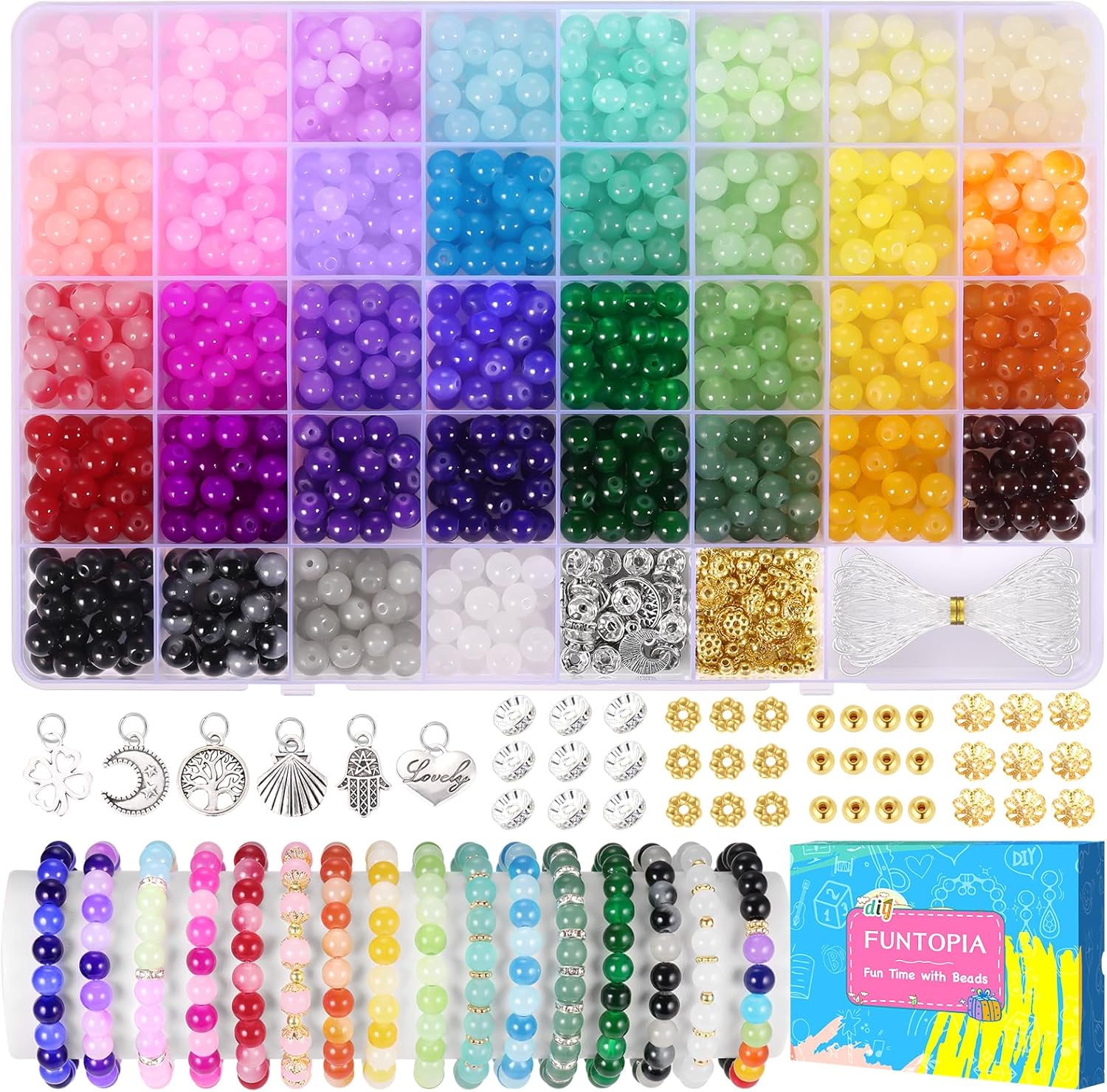 1368pcs 6mm Glass Beads for Bracelets, 34 Colors Crystal Beads for Jewelry Making, Funtopia Round Glass Beads for DIY Earrings Necklace Crafts with Spacer Beads and Charms, Solid and Gradient Colors - Image 8