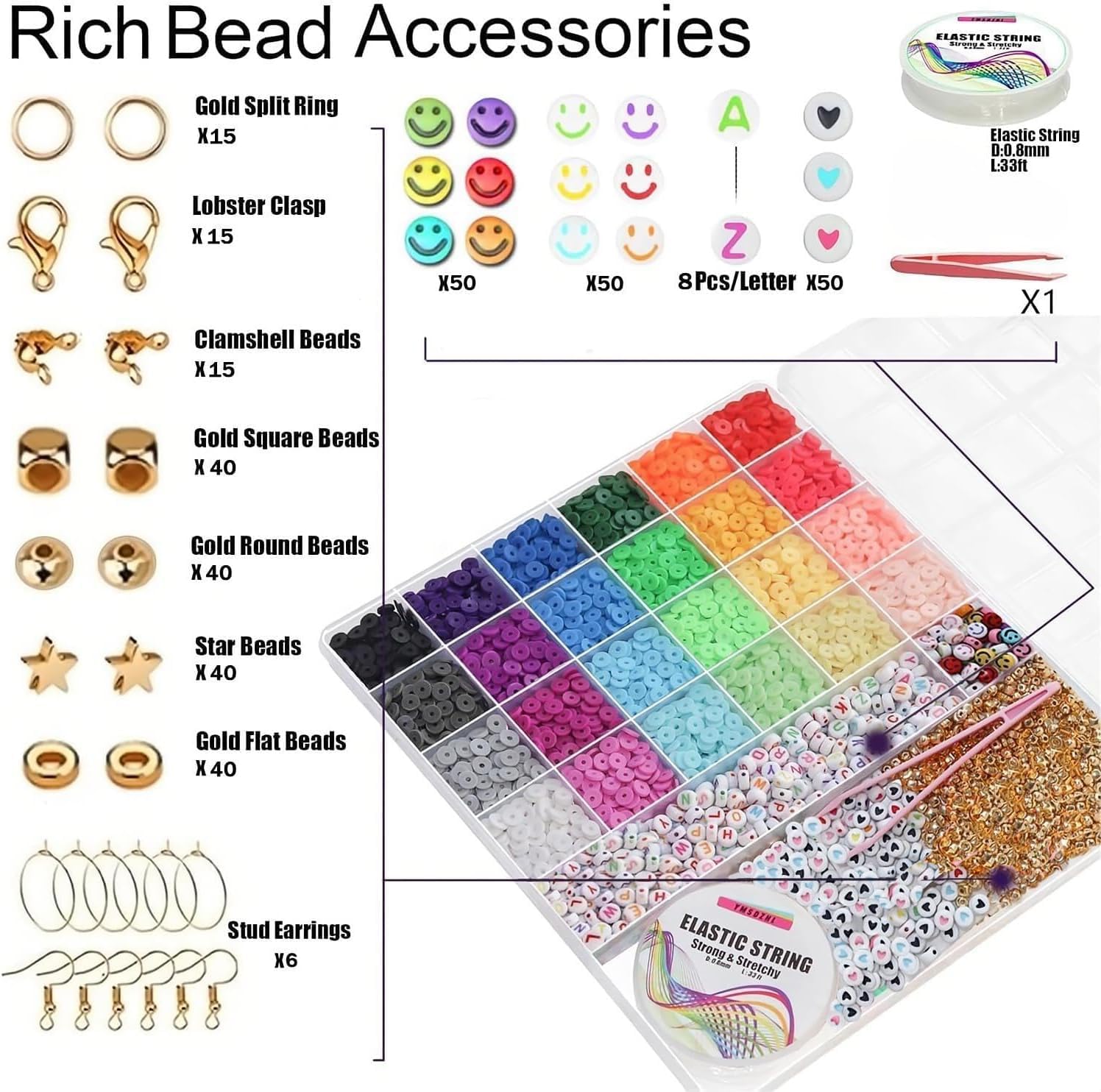 Alternative view of YMSDZHL 6000+PCS Clay Beads Bracelet Making Kit,24 Color DIY Flat Preppy Beads for Friendship Jewelry Making,Polymer Heishi Beads with Charms Gifts for Teen Girls Crafts for Ages 4-12