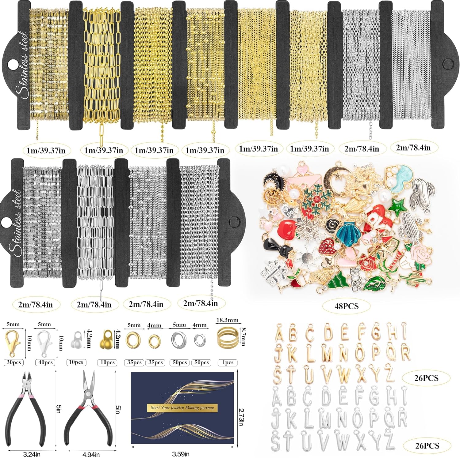 Alternative view of HUISUYTON 18K Gold Necklace Chain Kit for Jewelry Making, 59FT 12Rolls Bracelet Chains with Charms/Pliers/Jump Rings/Lobster Clasps Accessories for DIY Necklace Bracelet Making