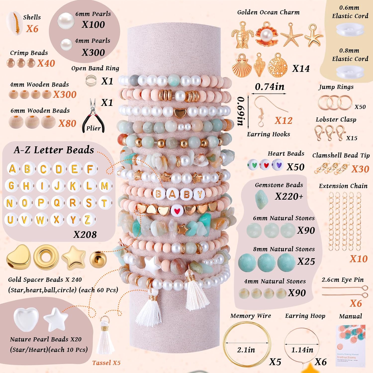 Wurosi 1927 PCS Jewelry Making Supplies Kit, Charm Bracelet Making Kit for Adults, Natural Stone Beads for Irregular Natural Stone, DIY Bracelet/Necklace/Earring/Rings