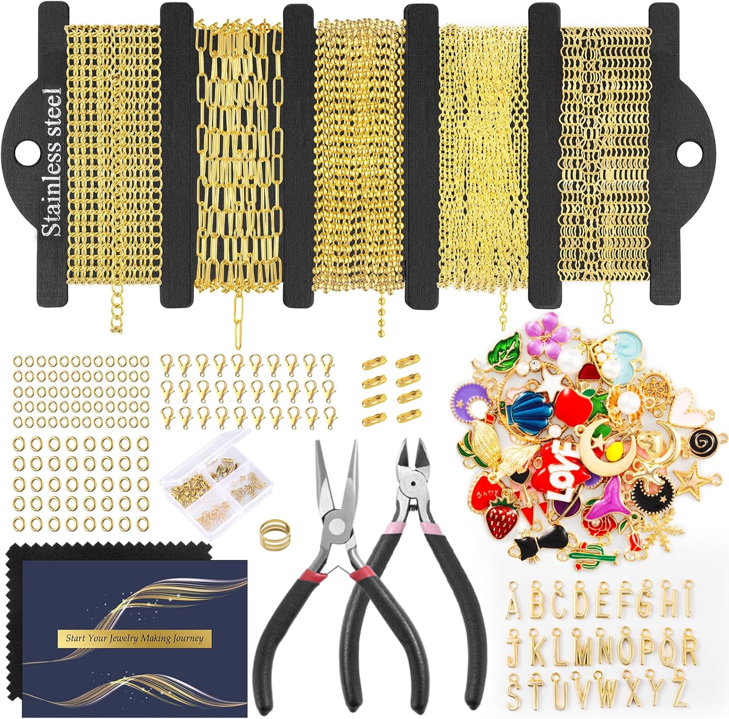HUISUYTON 18K Gold Necklace Chain Kit for Jewelry Making, 59FT 12Rolls Bracelet Chains with Charms/Pliers/Jump Rings/Lobster Clasps Accessories for DIY Necklace Bracelet Making - Image 8
