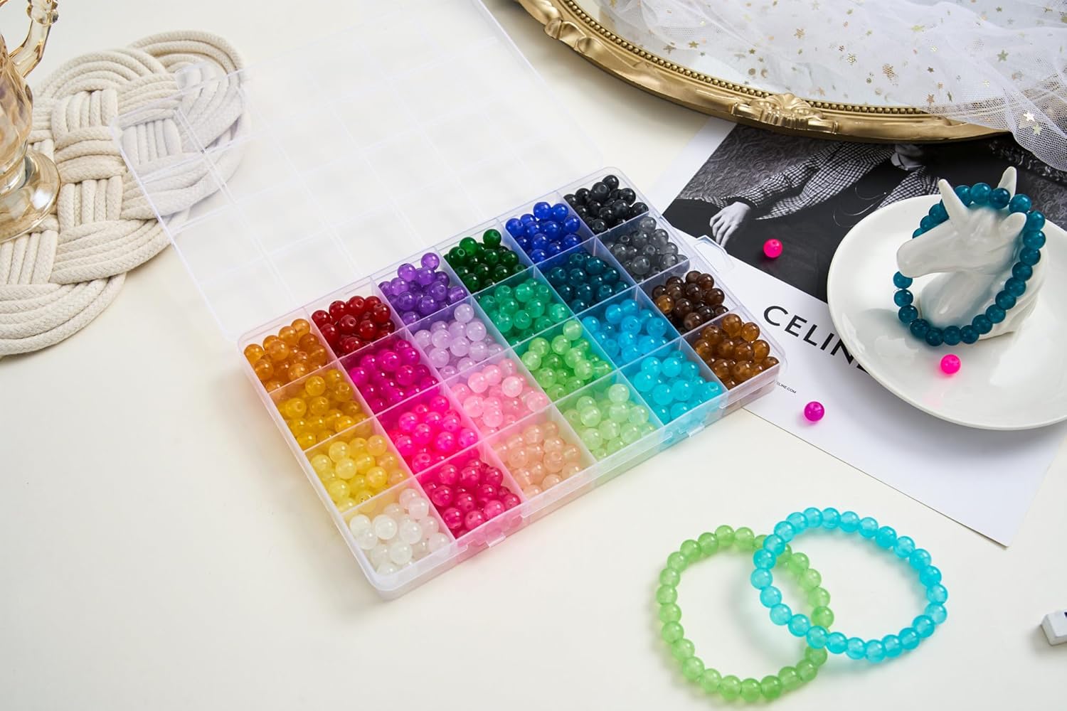 【2 Pack】 More Than 1300PCS Round Glass Beads for Jewelry Making,48 Colors 8mm Crystal Beads for Bracelets Jewelry Making and DIY Crafts, 2 Box Round Beads Suitable for Beginners. (Solid+Printing)