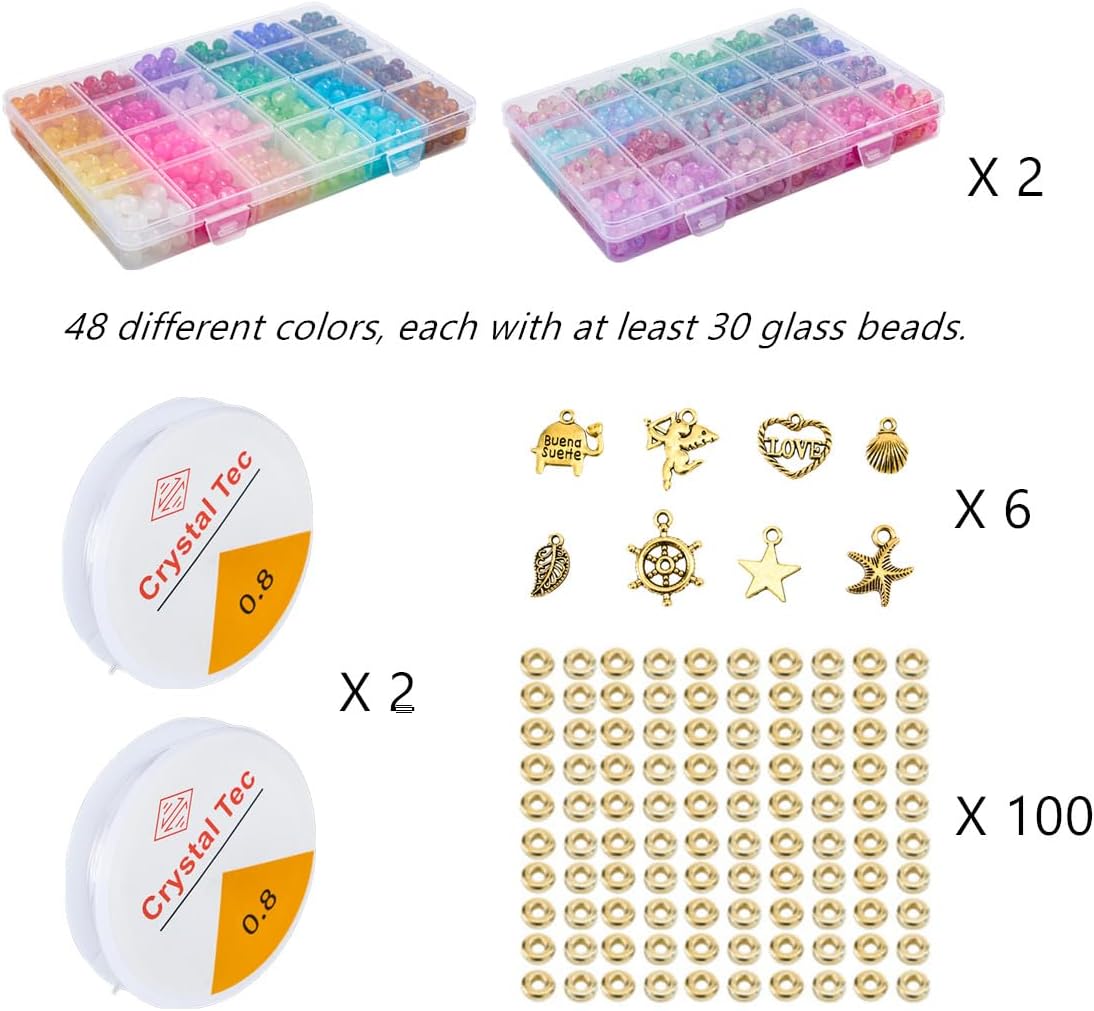 【2 Pack】 More Than 1300PCS Round Glass Beads for Jewelry Making,48 Colors 8mm Crystal Beads for Bracelets Jewelry Making and DIY Crafts, 2 Box Round Beads Suitable for Beginners. (Solid+Printing) - Image 3