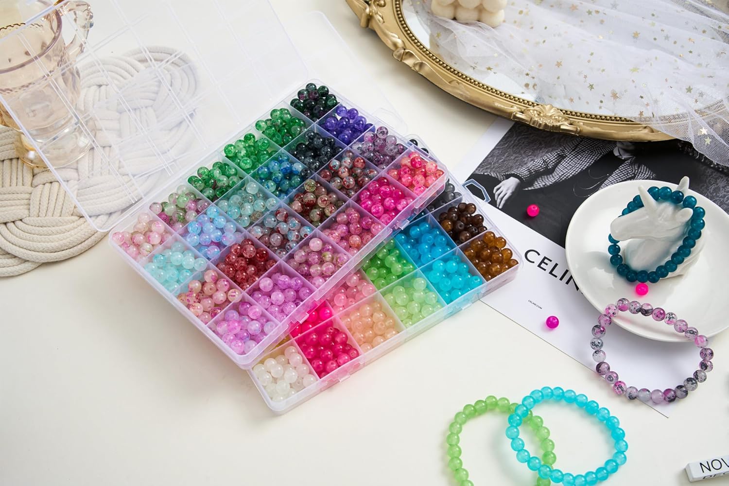 【2 Pack】 More Than 1300PCS Round Glass Beads for Jewelry Making,48 Colors 8mm Crystal Beads for Bracelets Jewelry Making and DIY Crafts, 2 Box Round Beads Suitable for Beginners. (Solid+Printing) - Image 4