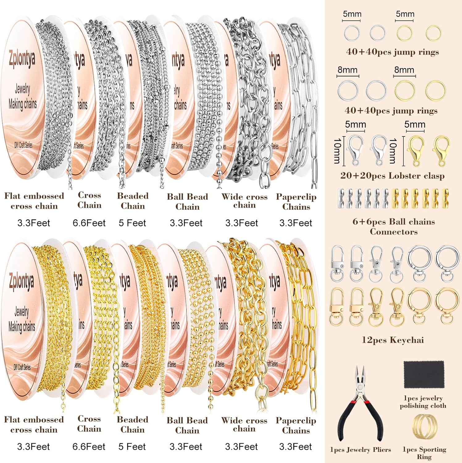Alternative view of Zplontya 18K Necklace Chains for Jewelry Making Kit 381PCS Include 50Ft 12 Rolls Gold/Silver Jewelry Chains and Charms,Jump Rings,Pliers&Accessories for DIY Necklace Bracelet Keychain Crafting Gifts