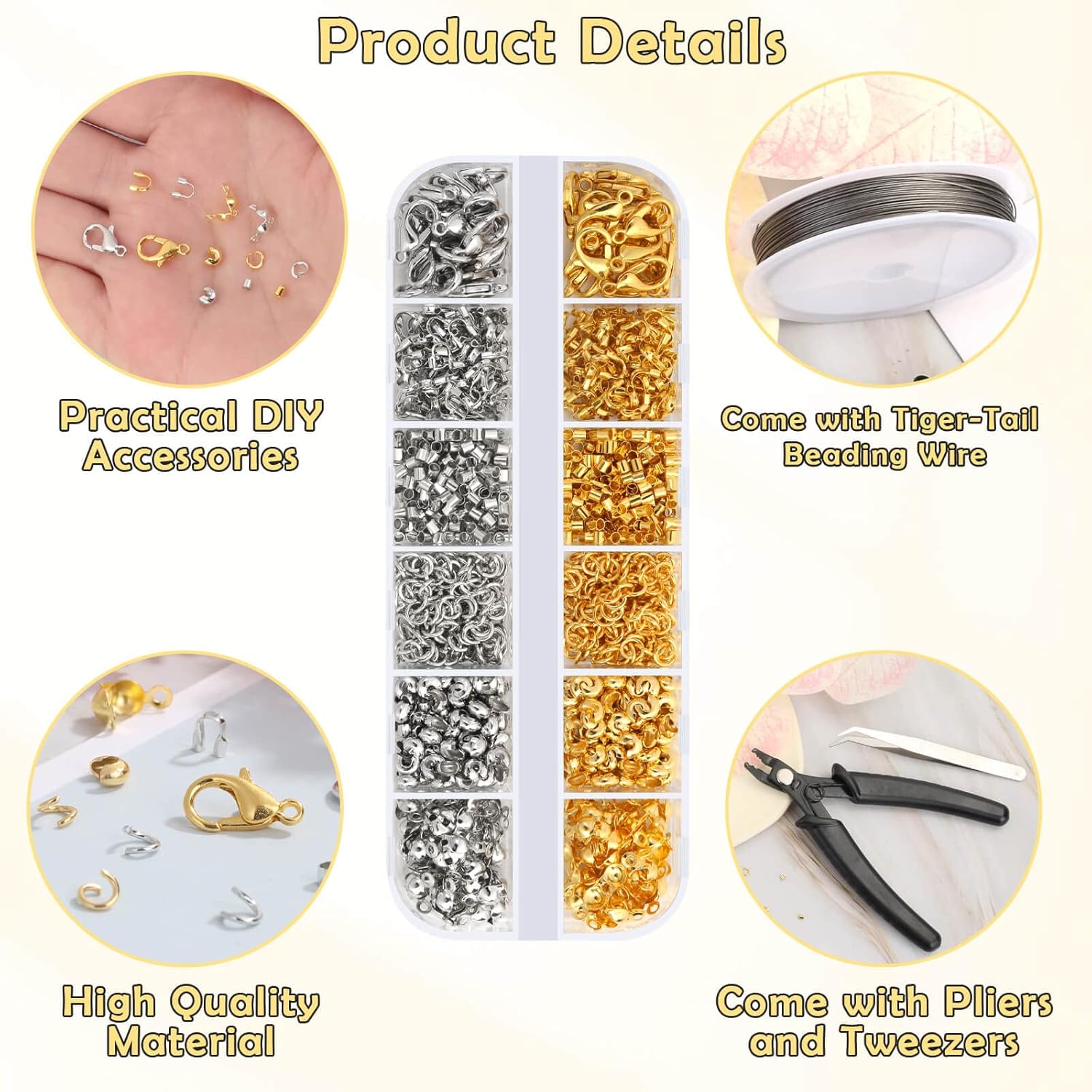 1200 Pcs Crimp Beads Kit for Jewelry Making, Acejoz Crimp Beads, Crimp Covers, Crimp Tubes and Wire Guardians, Lobster Clasps, Jump Rings, Crimping Pliers and Beading Wire for Jewelry Making - Image 3