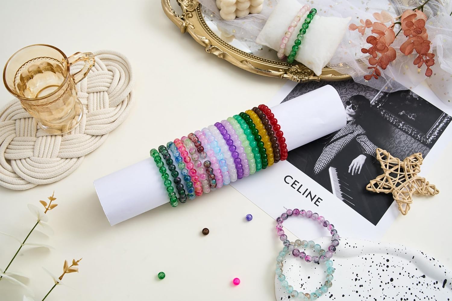 【2 Pack】 More Than 1300PCS Round Glass Beads for Jewelry Making,48 Colors 8mm Crystal Beads for Bracelets Jewelry Making and DIY Crafts, 2 Box Round Beads Suitable for Beginners. (Solid+Printing) - Image 7