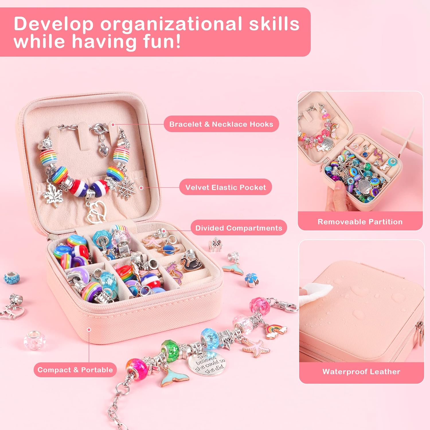 Alternative view of ELLENER Charm Bracelet Jewelry Making Kit - A Perfect Birthday Holiday Gift for Girls Age 6 7 8 9 10 with Portable Jewelry Box, Cute & Sparkling to Inspire Creativity and Self-Expression, Great Value