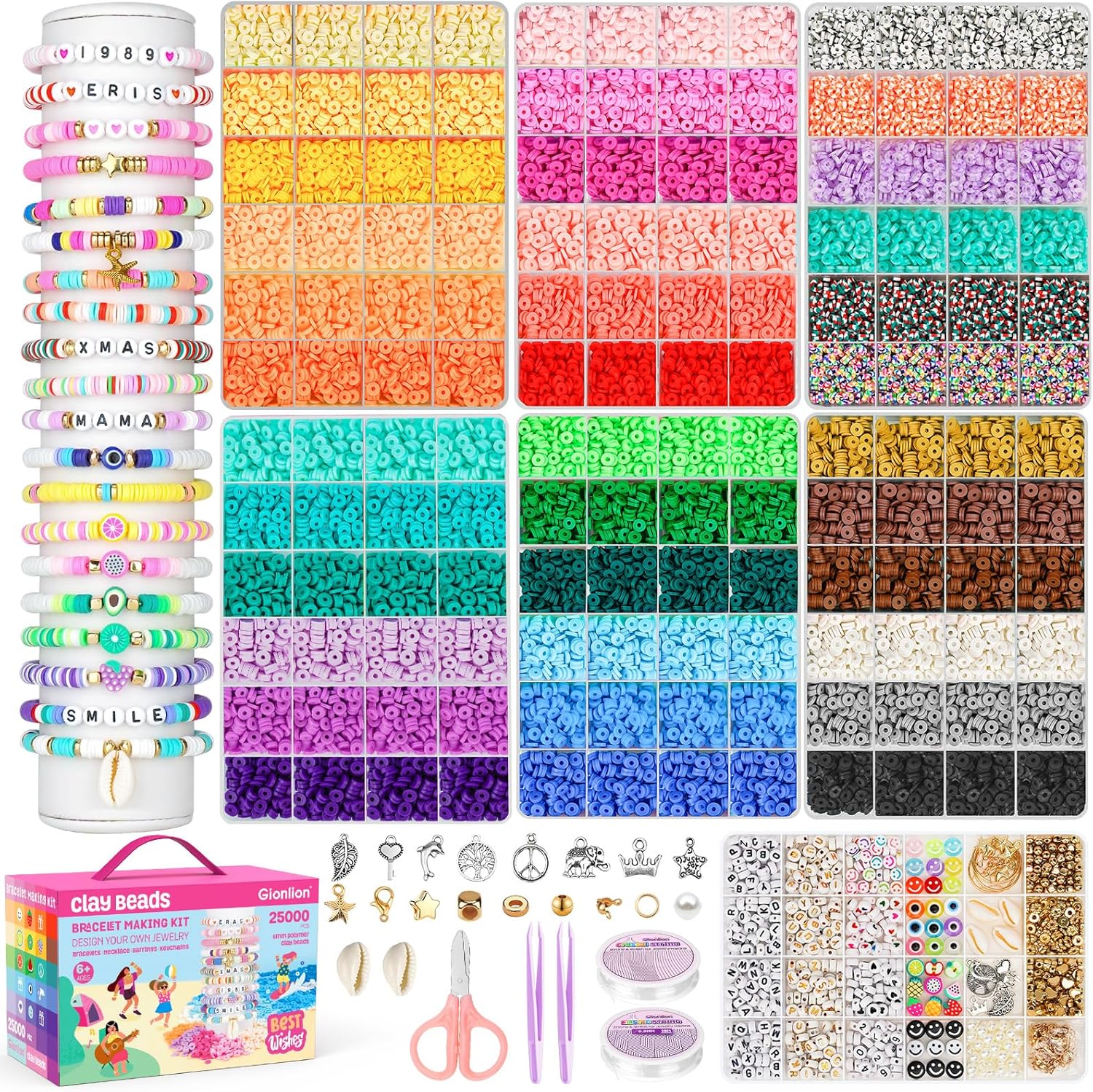 Gionlion 30,000 Pcs Clay Beads Bracelet Making Kit, 168 Colors 8 Boxes Flat Preppy Beads for Friendship Bracelets, Jewelry Kit with Pendant Charms Elastic String Crafts Arts Crafts Gifts - Image 9