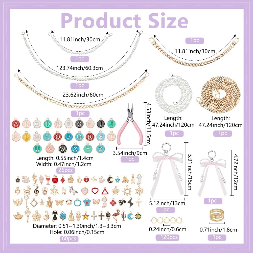 EVERJOYCRAFT 216pcs DIY Bag Chain Making Kit Purse Charm Supplies with 6 Style Chains Colored Charms Jump Rings Pliers Bag Accessories for Purse Handbag Tote Bags Crossbody Wallets Jewelry Making