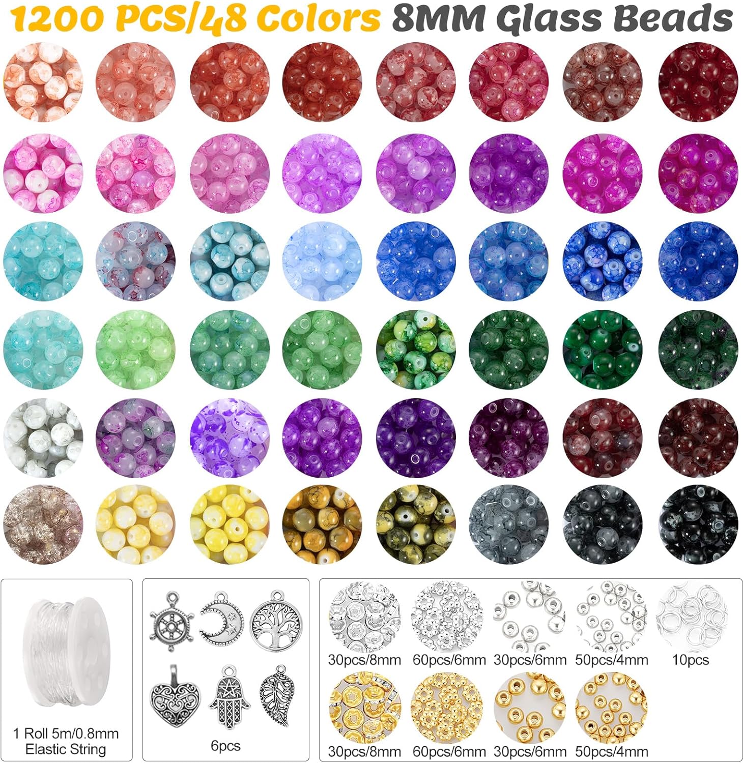 Zefy 48 Colors 8mm Glass Beads Bracelet Making Kit, 1556pcs Ink Patterns Crystal Beads for Jewelry Making and DIY Crafts, Round Beads for Friendship Bracelets with Spacer Beads and Charms