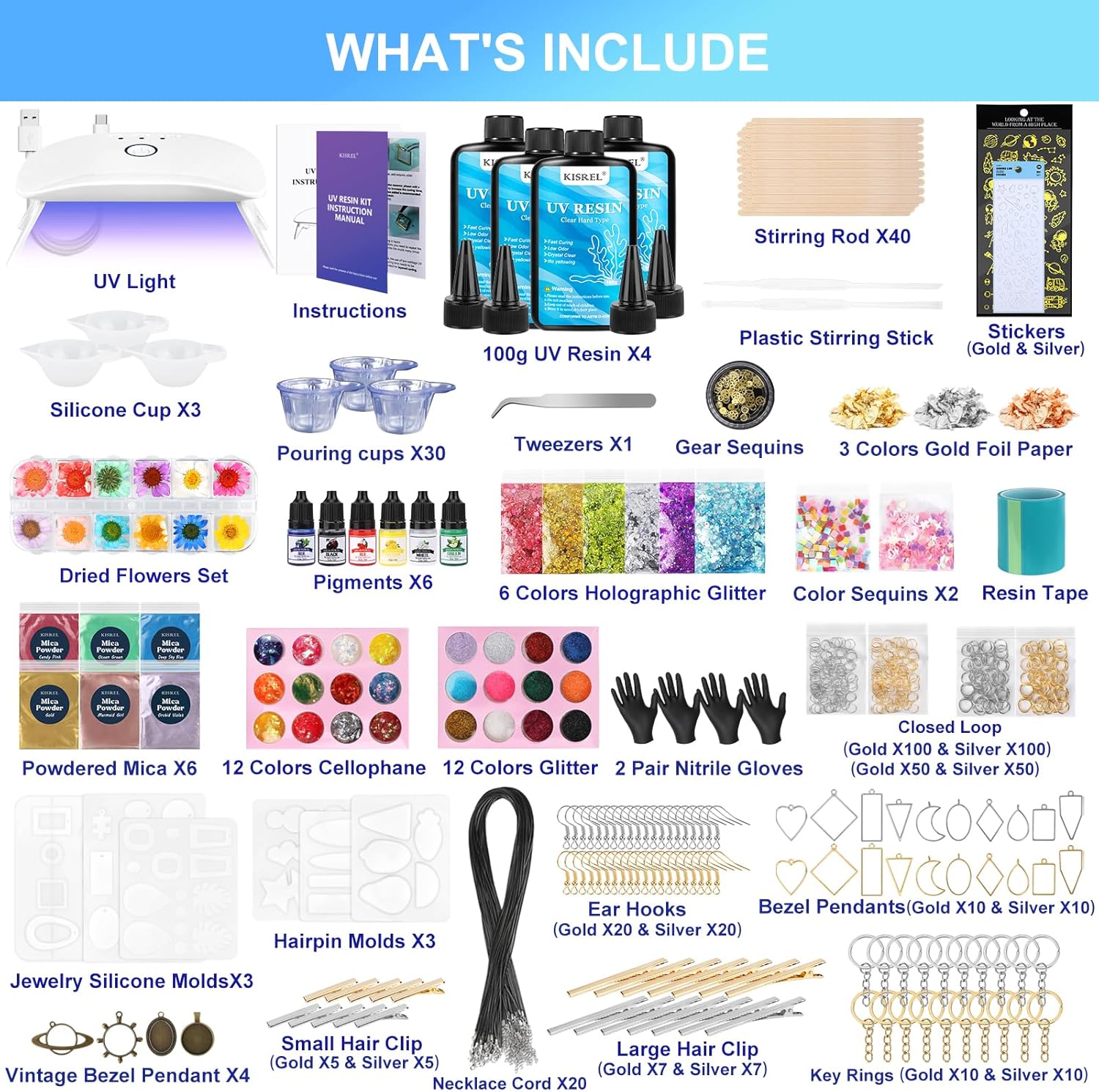 KISREL UV Resin Jewelry Making Kit, 400g Crystal Clear Resins with Light and Molds, DIY Jewelry Making Resin Kits, Resina Starter Kit for Keychain, Hair Clip and Earring