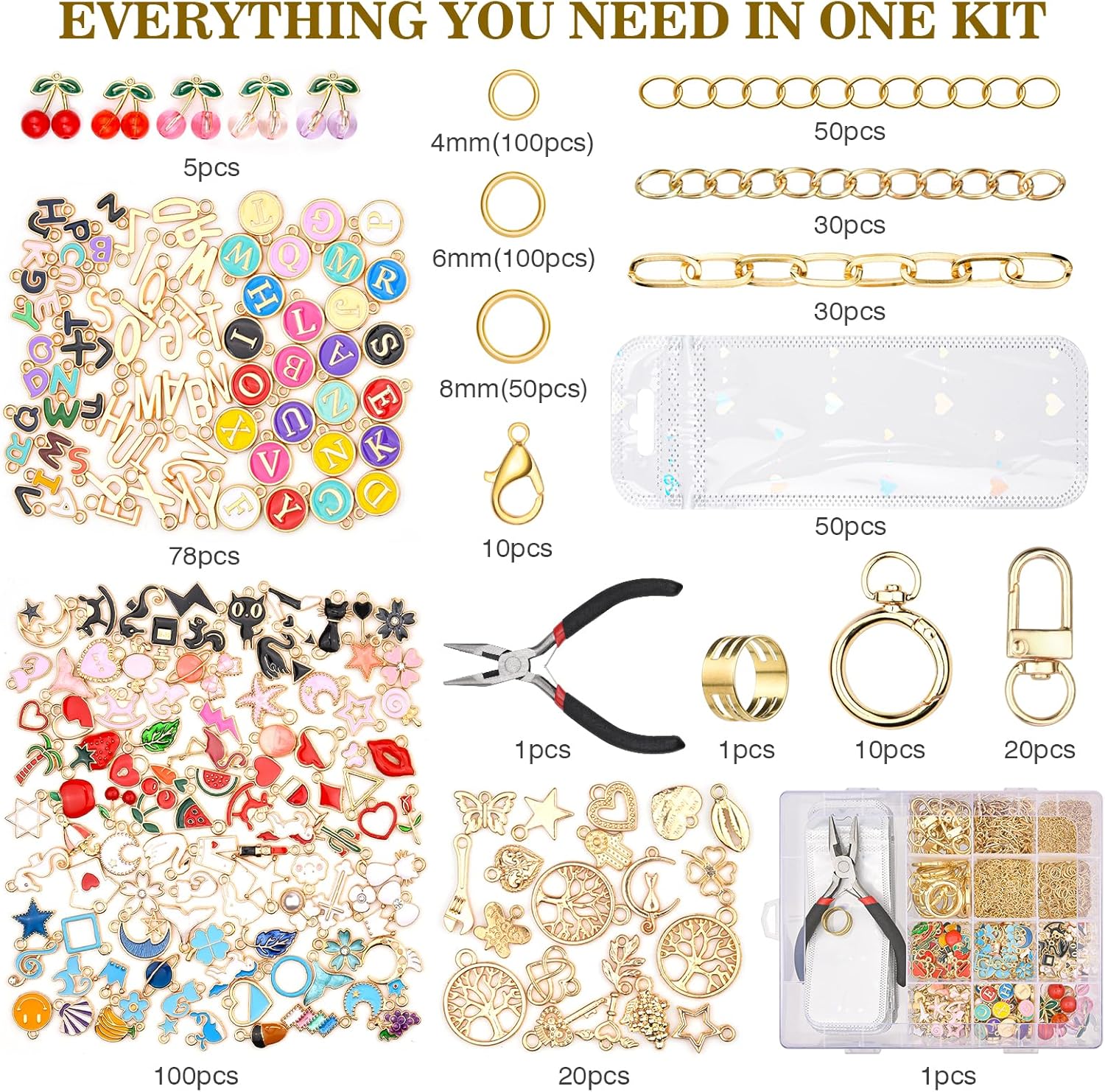 656Pcs Keychain Making Kit: Gold Jewelry Making Supplies Including 198 Charms 30 Keychain Clips with Organizer Box, Lip Gloss Key Chain Kits, Cute Bag Charm Kit for Backpacks DIY Crafts Accessories