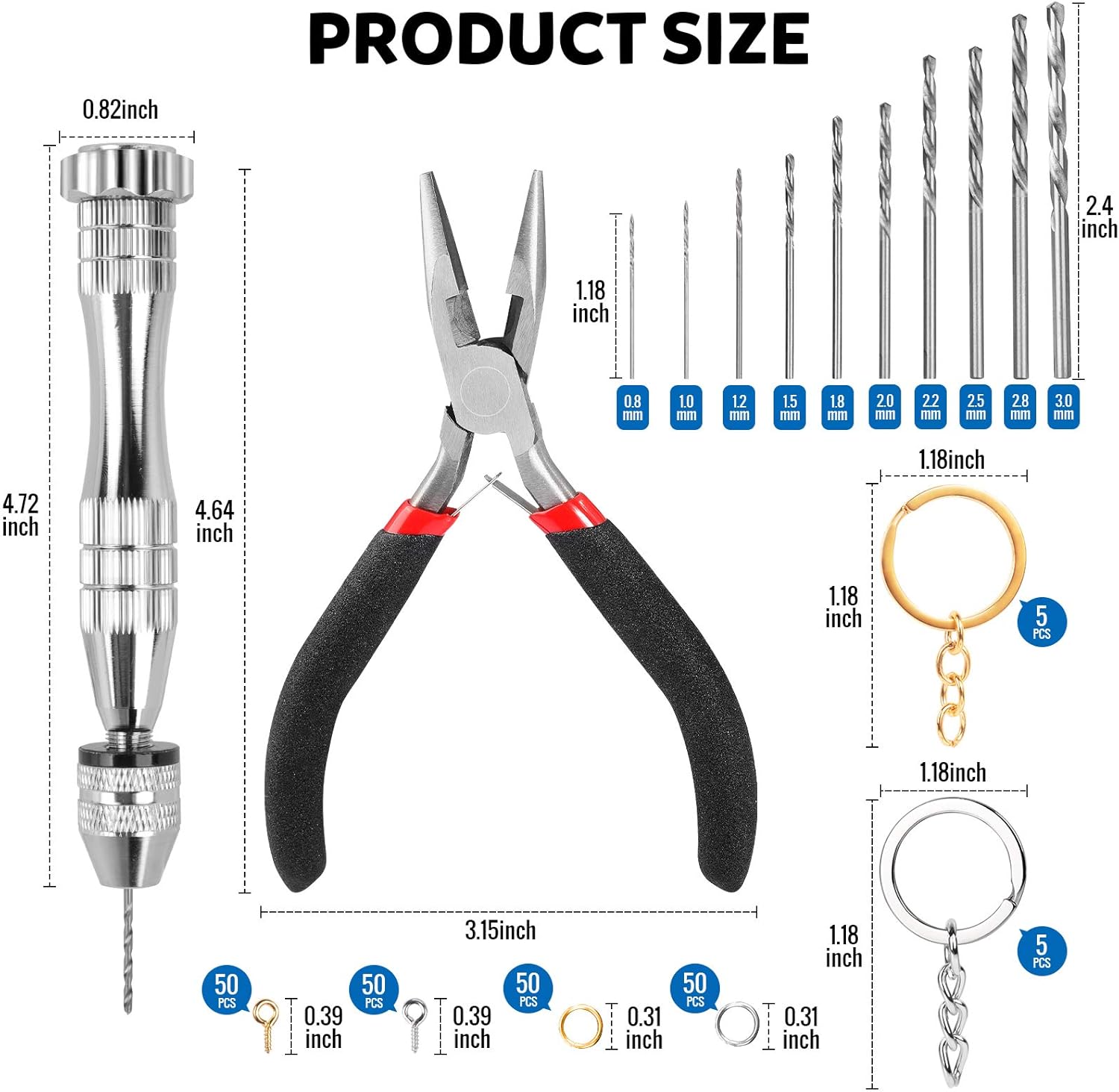 LEOBRO Hand Drill, 222 PCS Pin Vise Hand Drill with Drill Bits(0.8 mm-3 mm), Needle Nose Pliers, Keychain Making Kit, Jewelry Making Supplies, Hand Drill Tools for Jewelry Keychains Making