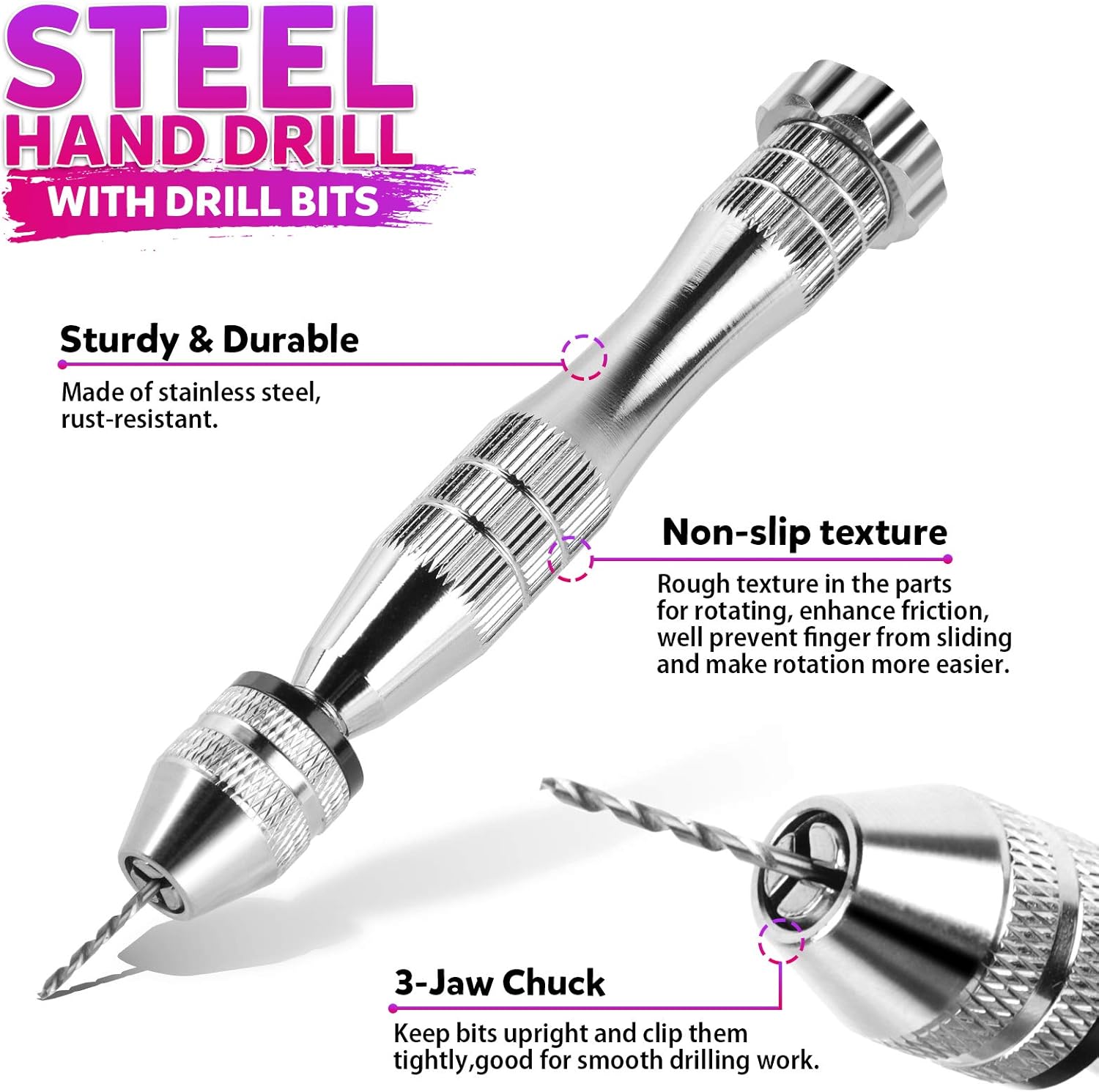 LEOBRO Hand Drill, 222 PCS Pin Vise Hand Drill with Drill Bits(0.8 mm-3 mm), Needle Nose Pliers, Keychain Making Kit, Jewelry Making Supplies, Hand Drill Tools for Jewelry Keychains Making - Image 3
