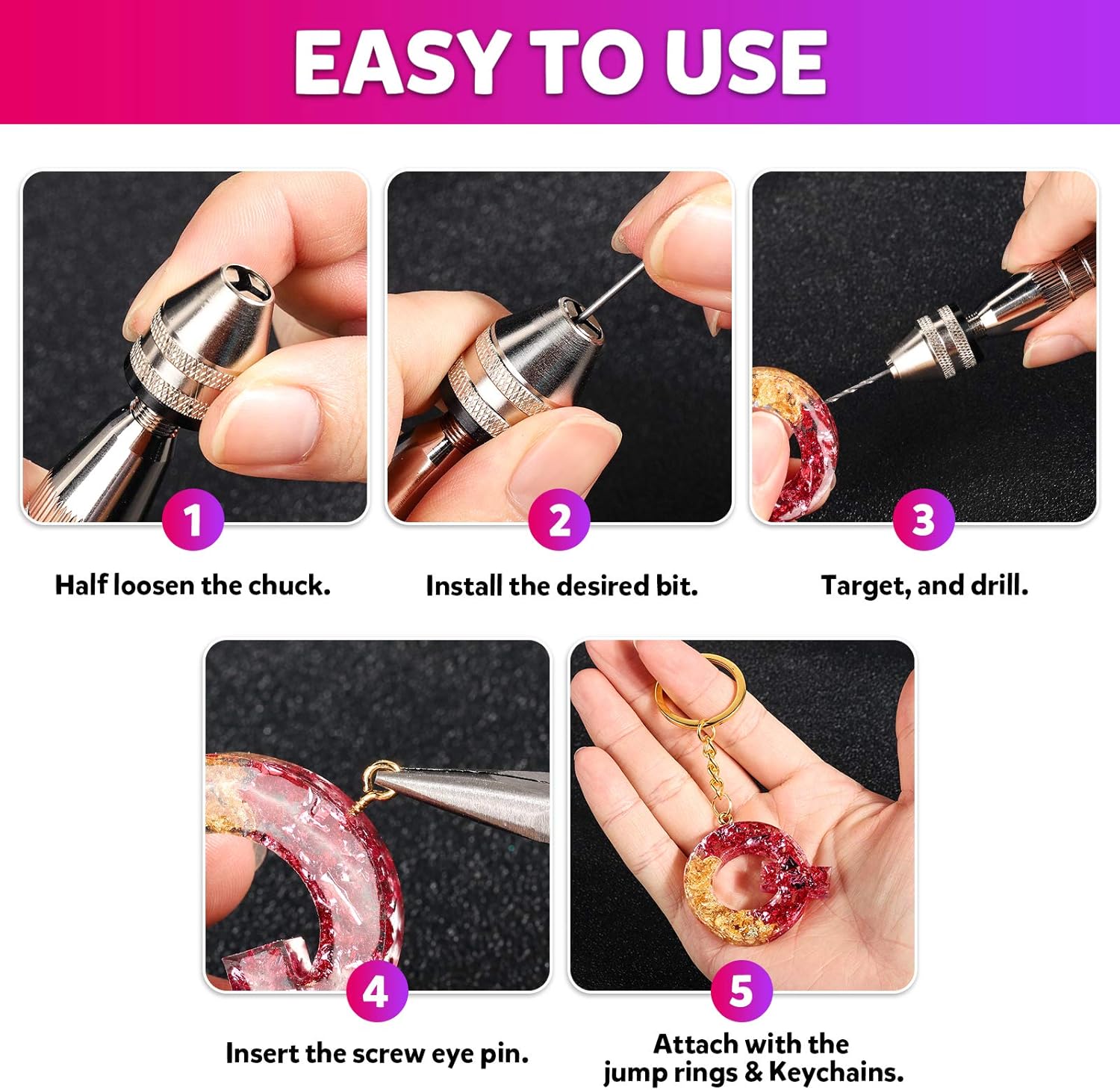 LEOBRO Hand Drill, 222 PCS Pin Vise Hand Drill with Drill Bits(0.8 mm-3 mm), Needle Nose Pliers, Keychain Making Kit, Jewelry Making Supplies, Hand Drill Tools for Jewelry Keychains Making - Image 7