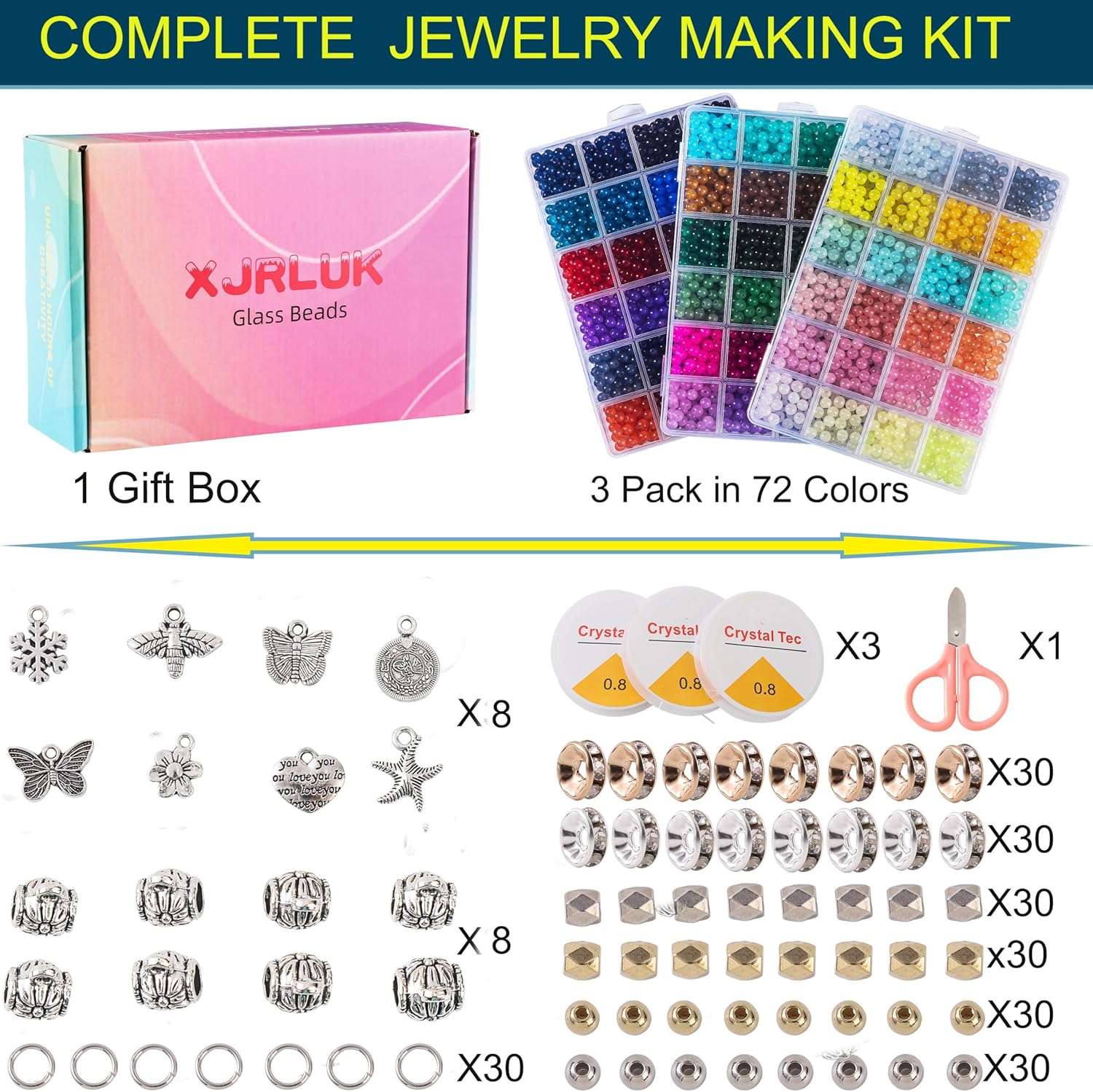XJRLUK Glass Beads Bracelet Making Kit, 3000 pcs 72 Colors 6 mm Crystal Beads for Jewelry Making, Glass Beads Kits for Beginners DIY Earrings Necklaces Rings Crafts Birthday Gifts