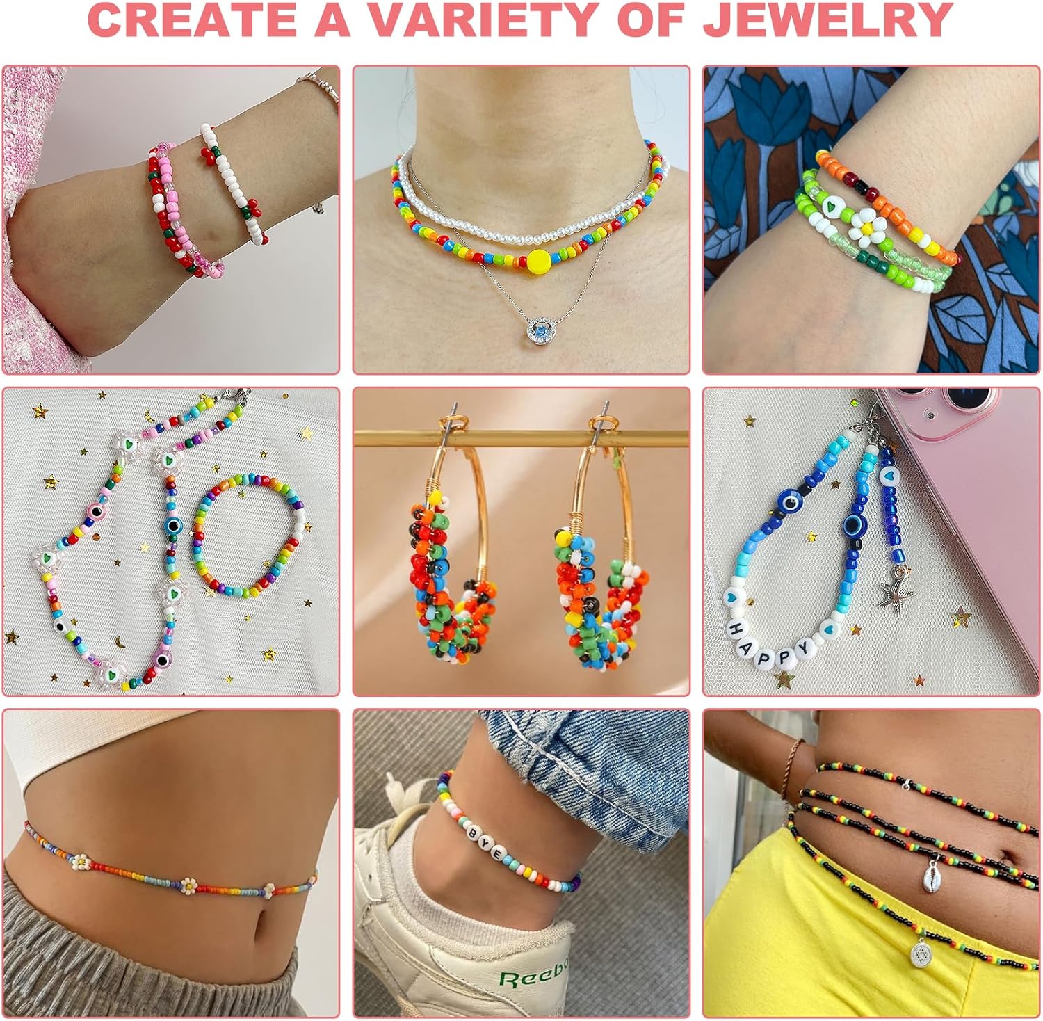 Redtwo 4mm Glass Seed Beads for Jewelry Bracelet Making Kit, Small Beads Friendship Bracelet Kit, Tiny Waist Beads with Letter Beads and Elastic String, DIY Art Craft Girls Gifts