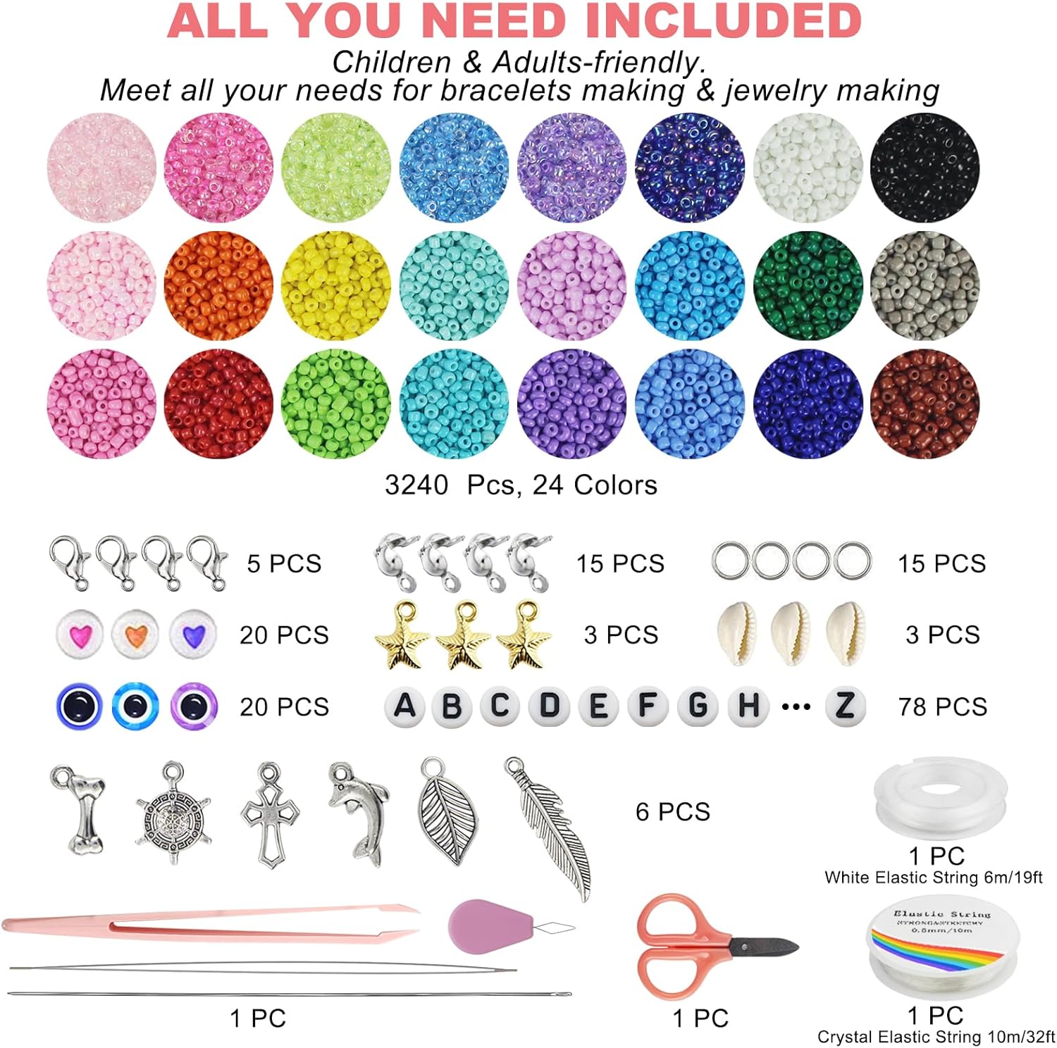 Alternative view of Redtwo 4mm Glass Seed Beads for Jewelry Bracelet Making Kit, Small Beads Friendship Bracelet Kit, Tiny Waist Beads with Letter Beads and Elastic String, DIY Art Craft Girls Gifts