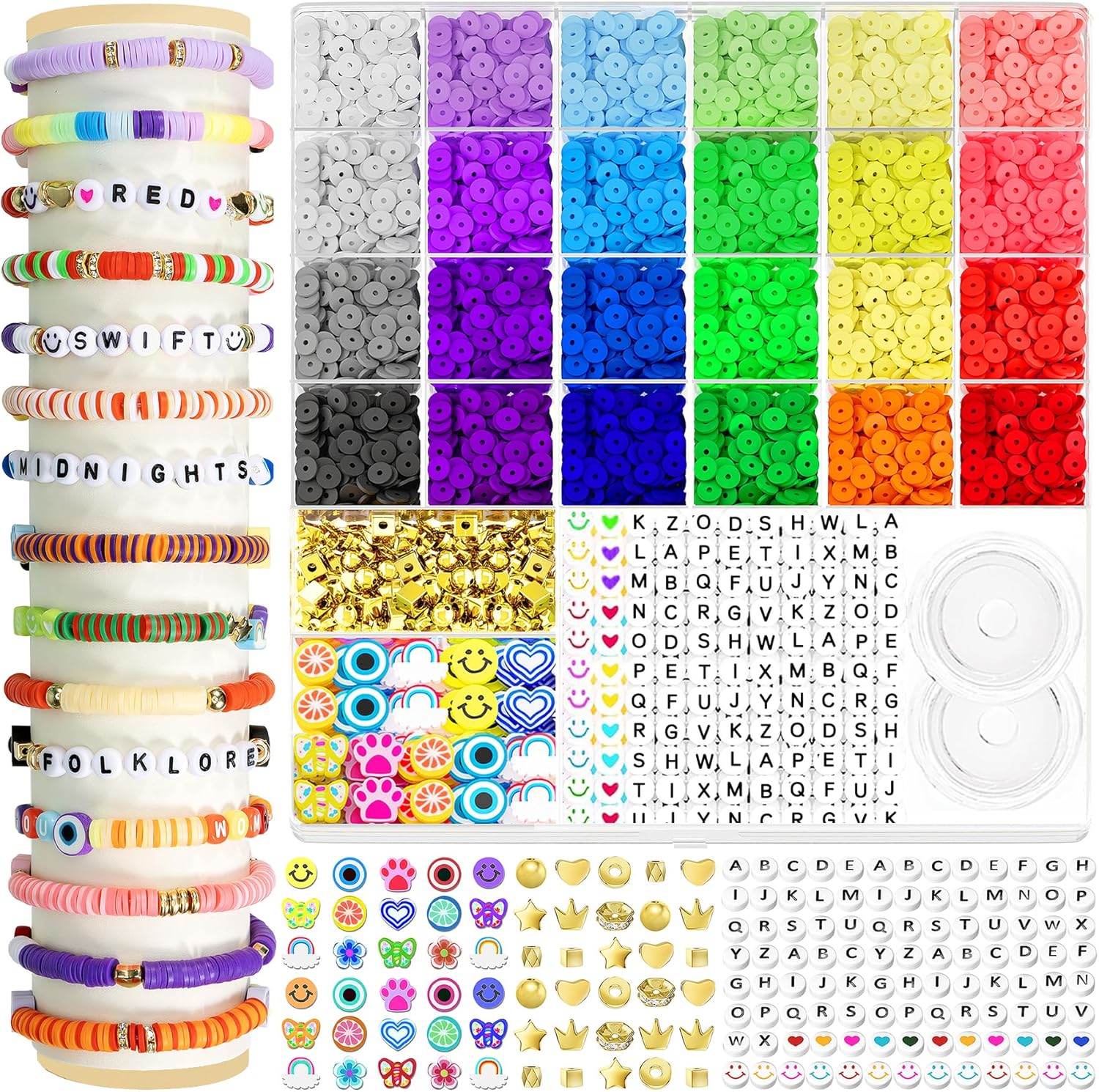 ARTDOT 10982 PCS Clay Beads for Friendship Bracelets Making Kit, 48 Rainbow Colors Jewelry Making Supplies Heishi Beads with Elastic String and Organizer Gifts - Image 7
