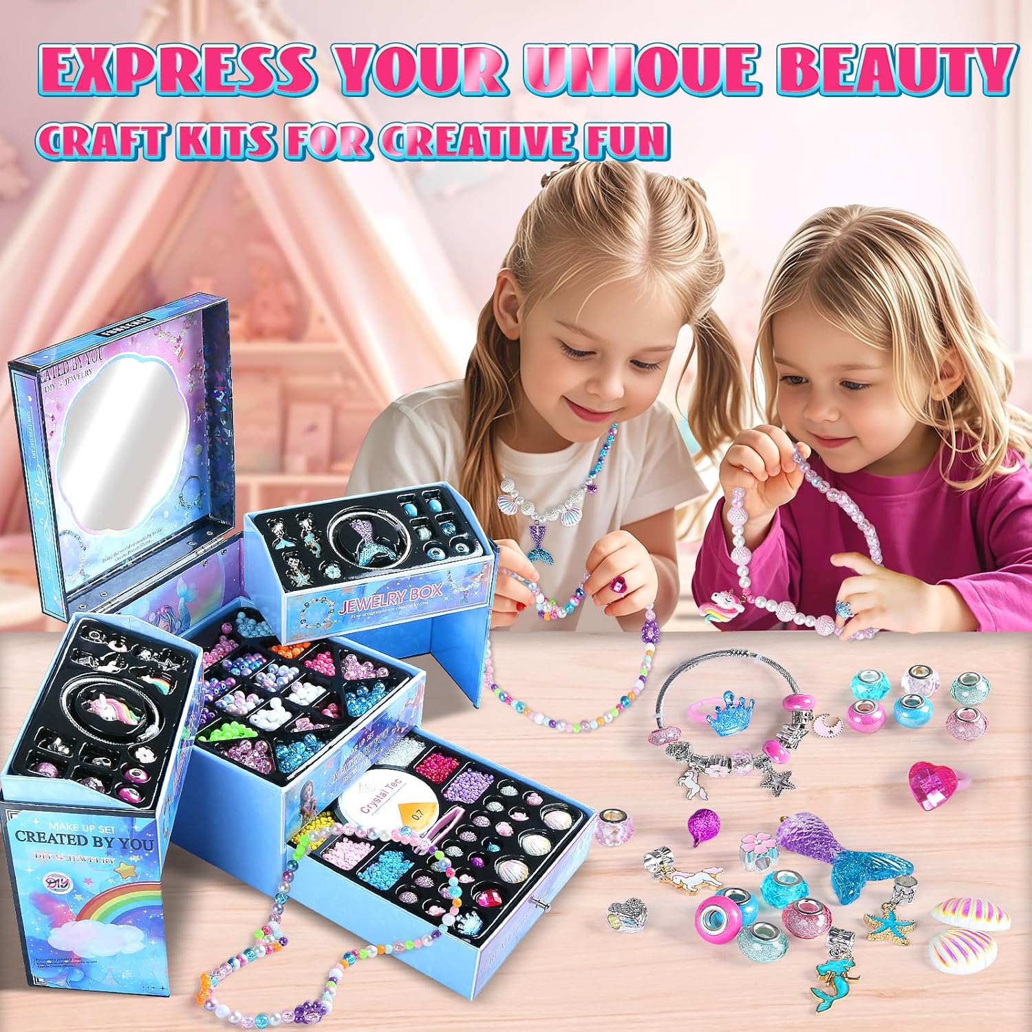 FUNSENLY 2000pcs Charm Beads Bracelet Making Kit for Girls, Jewelry Making Kit for Girls 4-6 8-12, Valentines Day Gift for Kids Girls, Arts and Crafts Girls Toys for Kids Age 4-8 8-12
